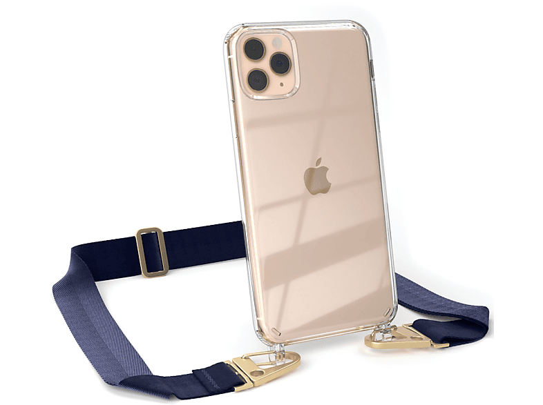EAZY CASE Transparente Handyhülle mit breiter Kordel + Karabiner, Umhängetasche, Apple, iPhone 11 Pro Max, Dunkel Blau / Gold