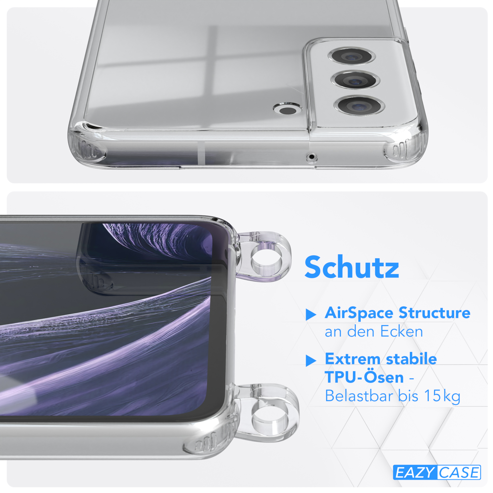 Nahaufnahme einer transparenten Handyhülle mit Details zu ihrer Schutzstruktur.