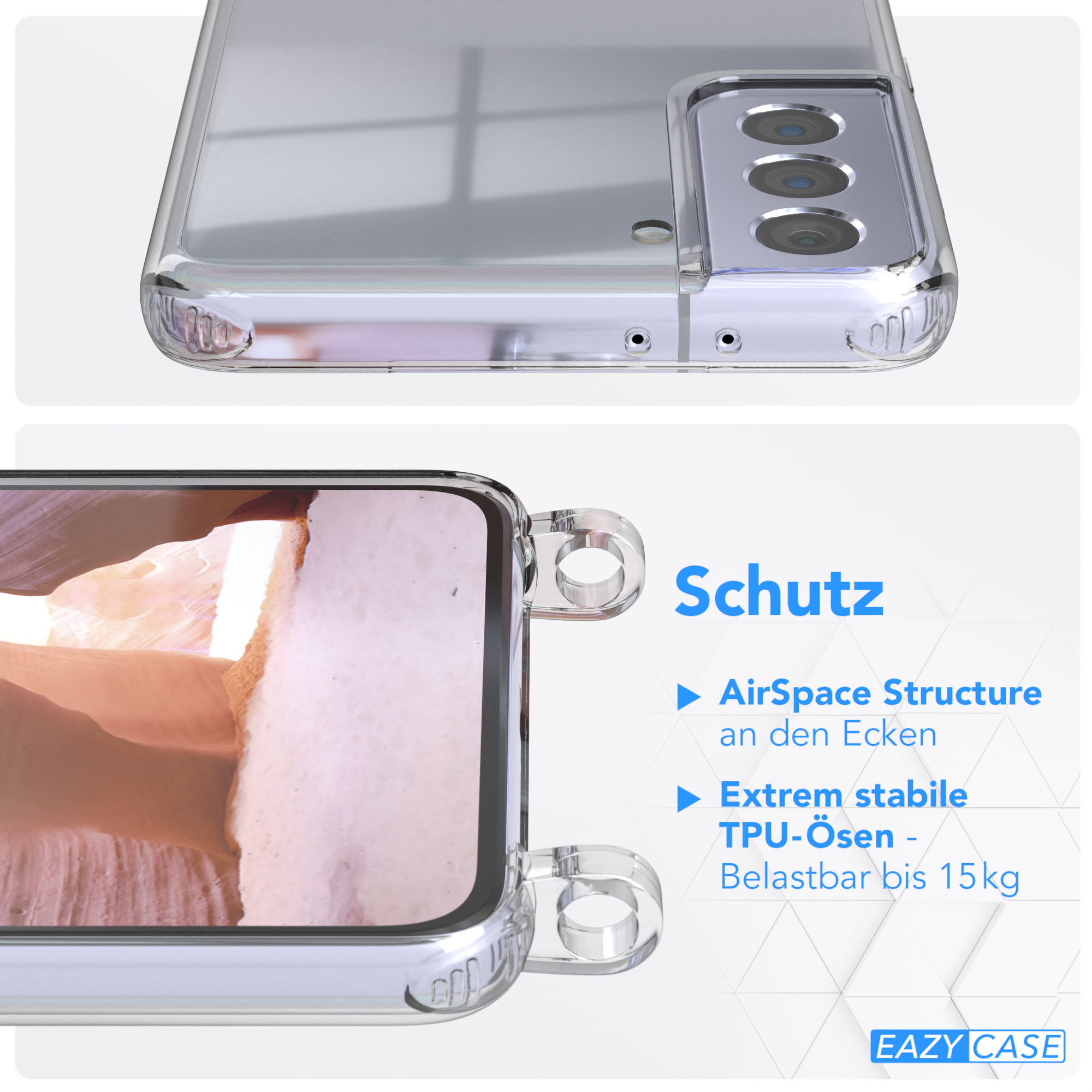 Kordel + Handyhülle Karabiner, Samsung, EAZY breiter / Plus Transparente 5G, CASE Galaxy S21 Coral Altrosa mit Umhängetasche,
