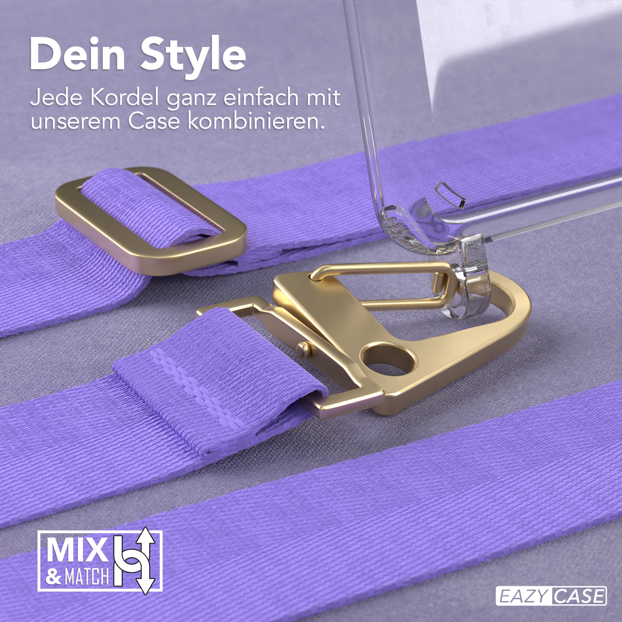 Lila Handystrap mit Schnalle und Verschluss. Text lautet Mix&Match und Eazy Case.
