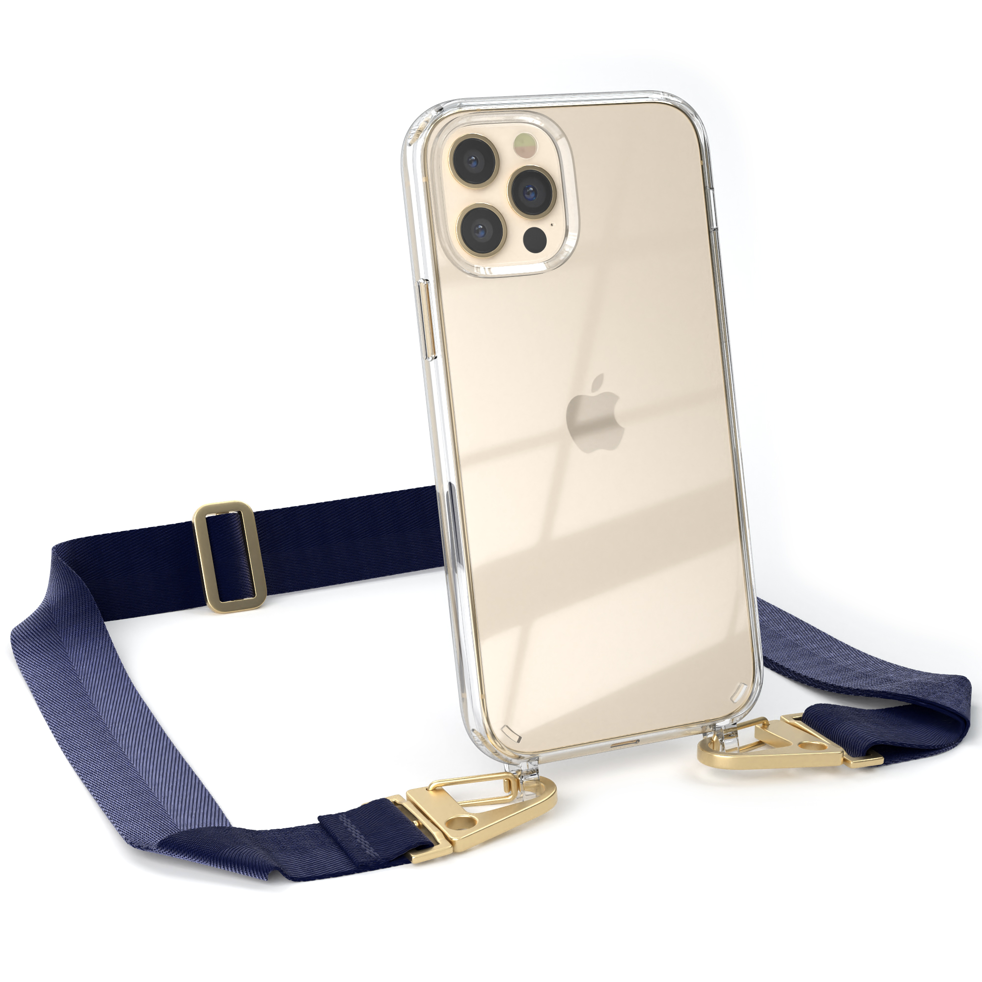 Transparente Handyhülle mit marineblauem Trageriemen. Telefon hat ein Apple-Logo auf der Rückseite.