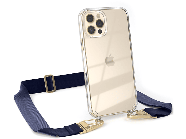 EAZY CASE Transparente Handyhülle mit / Pro, Apple, breiter + iPhone 12 12 Dunkel Blau Kordel / Gold Umhängetasche, Karabiner