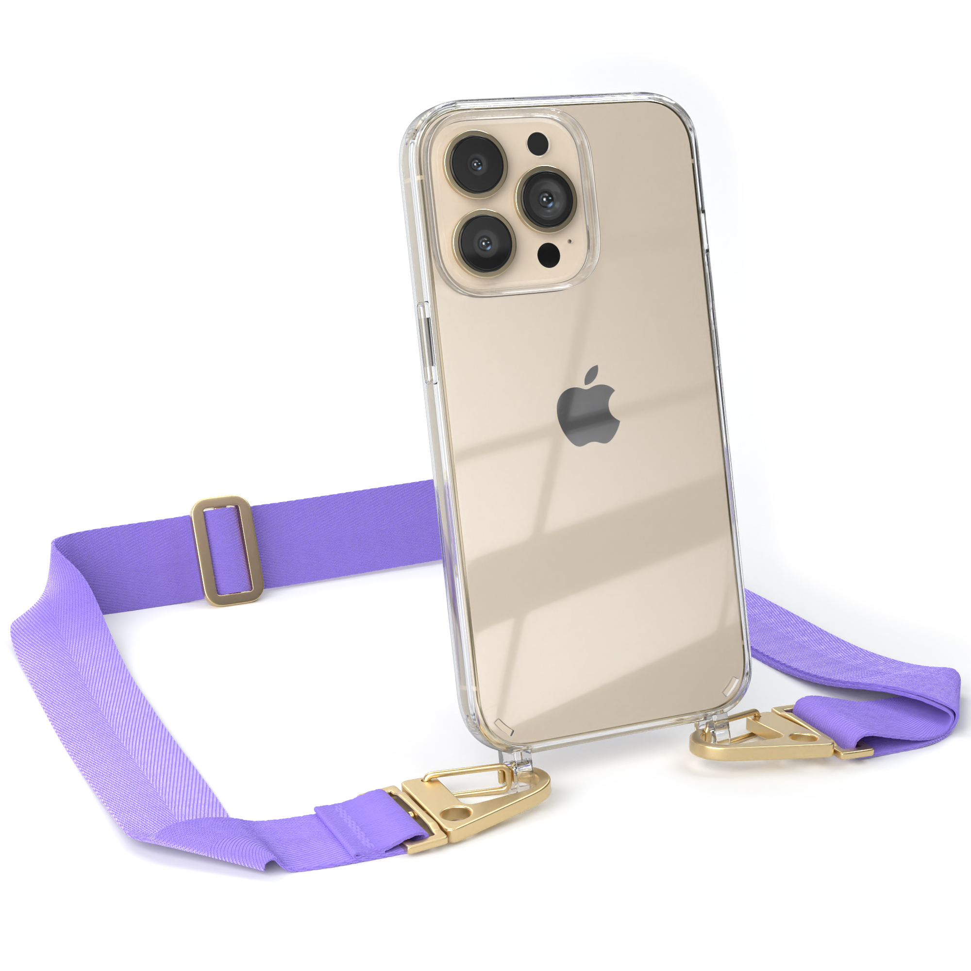 Telefon in einer durchsichtigen Hülle mit lila Riemen.