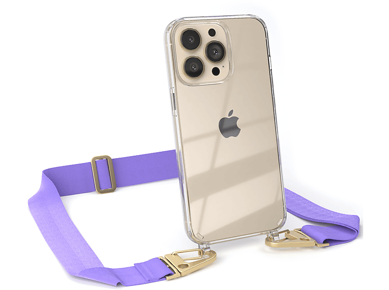EAZY CASE Transparente Handyhülle mit breiter Kordel + Karabiner, Umhängetasche, Apple, iPhone 13 Pro, Flieder / Gold