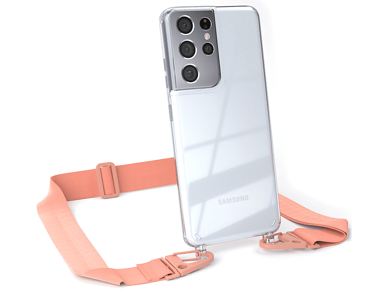 EAZY CASE Transparente Handyhülle mit breiter Kordel + Karabiner, Umhängetasche, Samsung, Galaxy S21 Ultra 5G, Altrosa / Coral | Handyketten