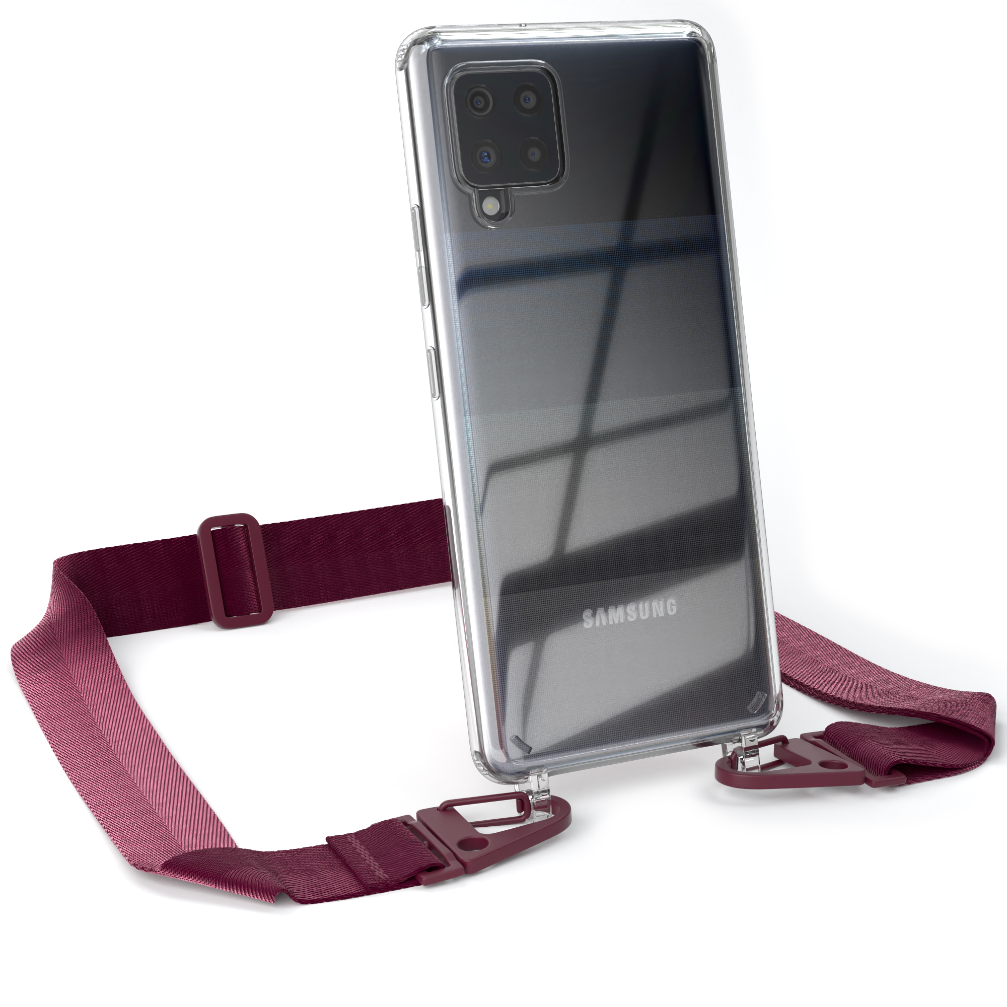Burgundy Kordel 5G, Samsung, / Rot breiter + mit Beere Handyhülle A42 Karabiner, CASE EAZY Umhängetasche, Transparente Galaxy