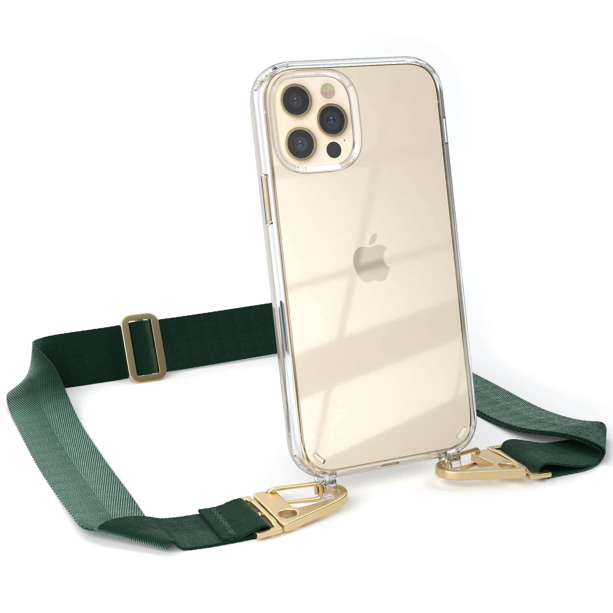 Transparente Handyhülle mit goldenen Akzenten und grünem Riemen. Weißer Hintergrund.