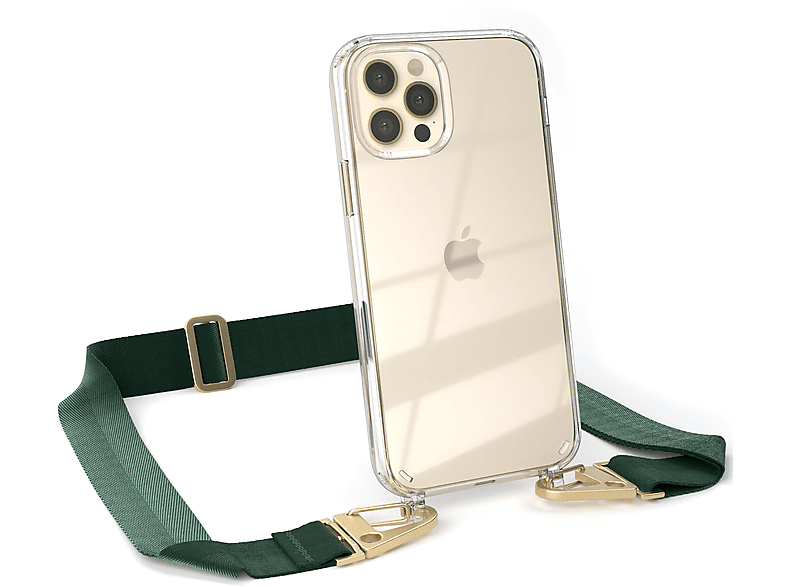 EAZY CASE Transparente Handyhülle mit breiter Kordel + Karabiner, Umhängetasche, Apple, iPhone 12 / 12 Pro, Dunkel Grün / Gold