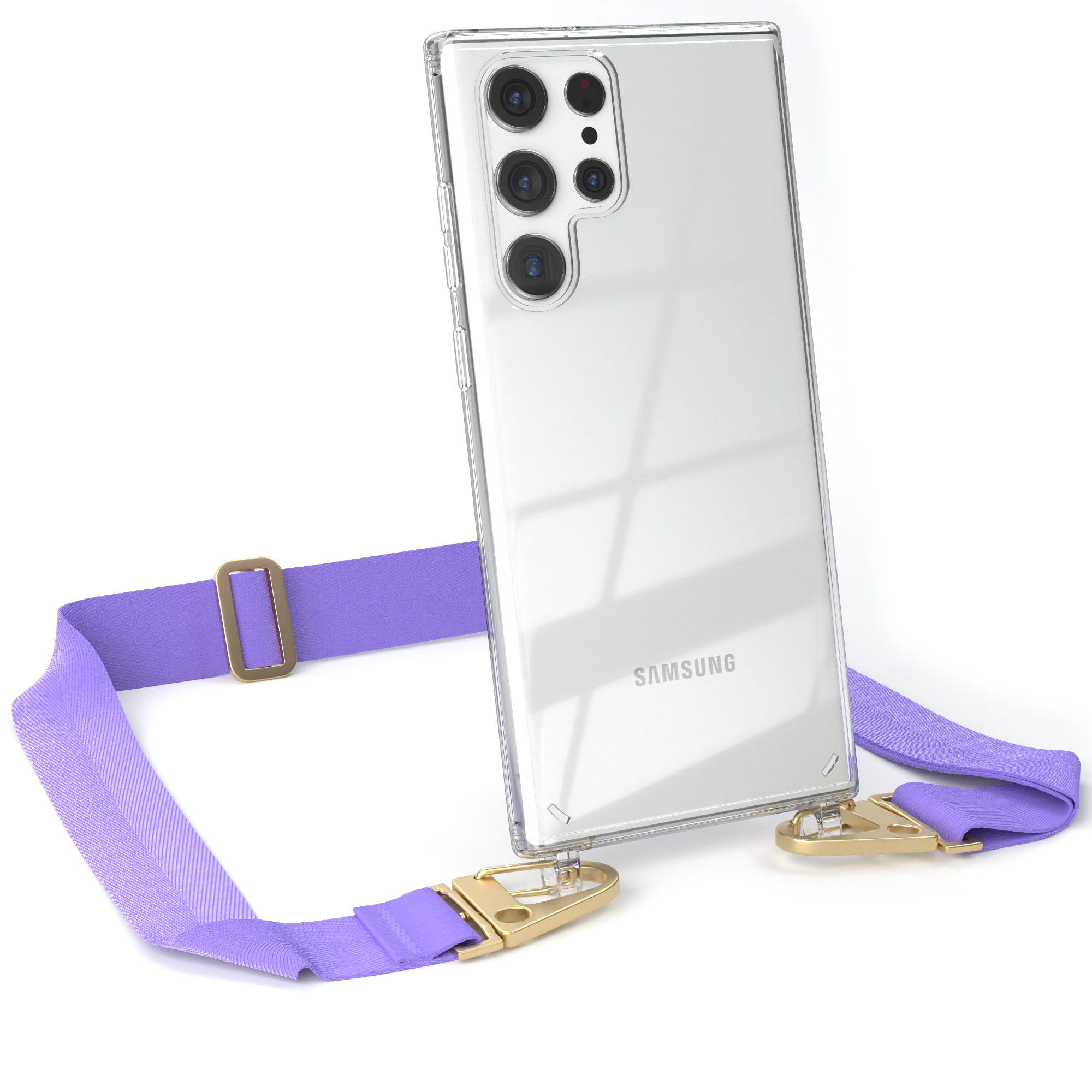 Transparente Handyhülle mit lila Riemen, ein Telefon ist darin, goldfarbene Details.
