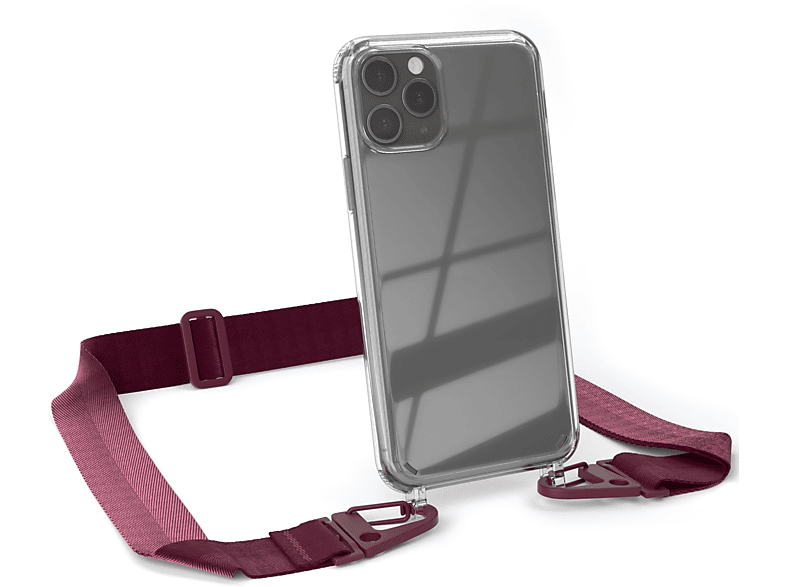 iPhone + 11 EAZY / Umhängetasche, Transparente Handyhülle Apple, Beere Karabiner, Kordel breiter Rot Burgundy CASE Pro, mit