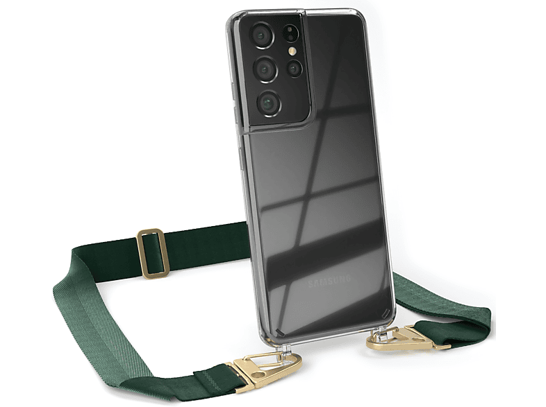 EAZY CASE Transparente Handyhülle mit breiter Kordel + Karabiner, Umhängetasche, Samsung, Galaxy S21 Ultra 5G, Dunkel Grün / Gold