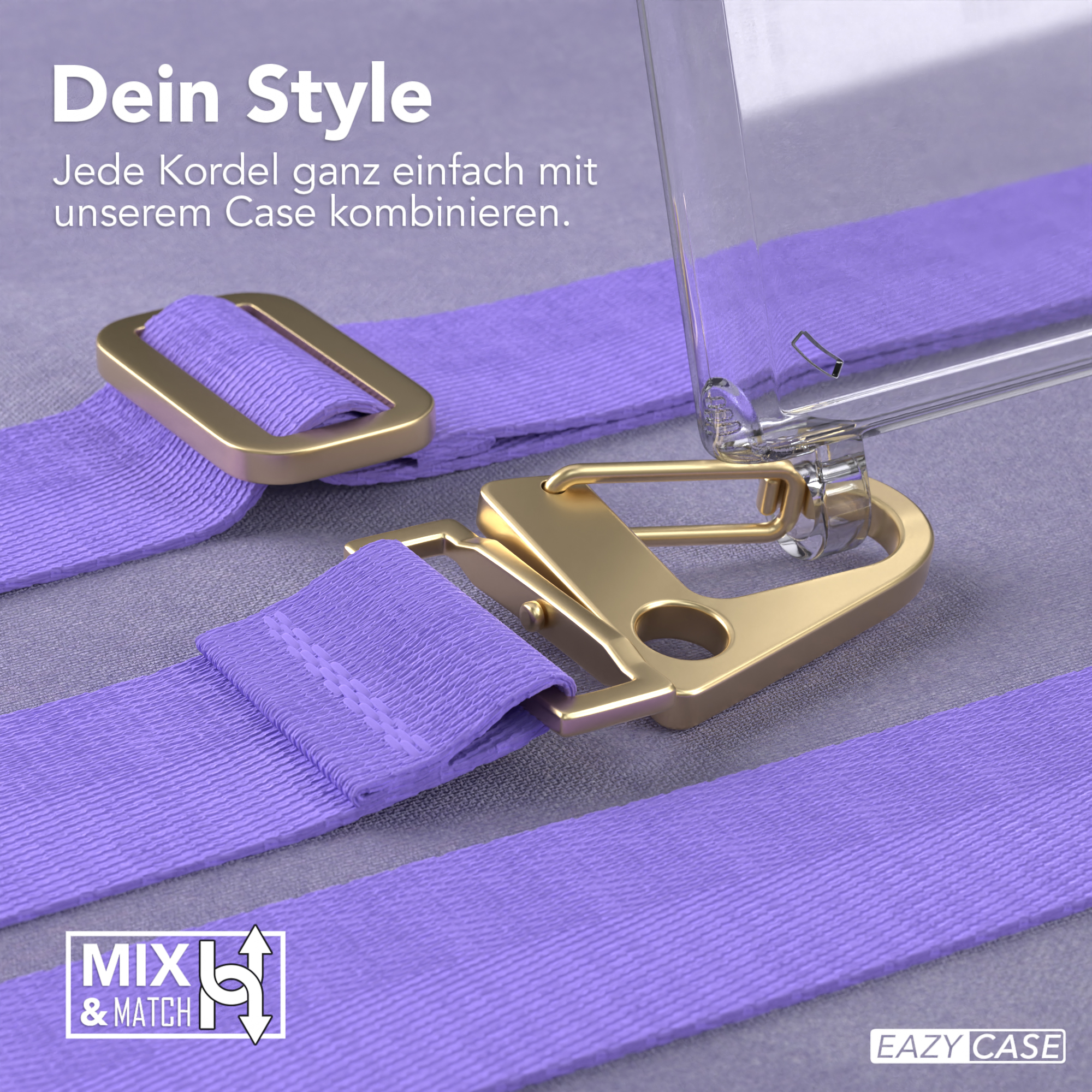 Nahaufnahme einer lilafarbenen Handyhülle mit Trageriemen und goldenem Verschluss auf lila Hintergrund.