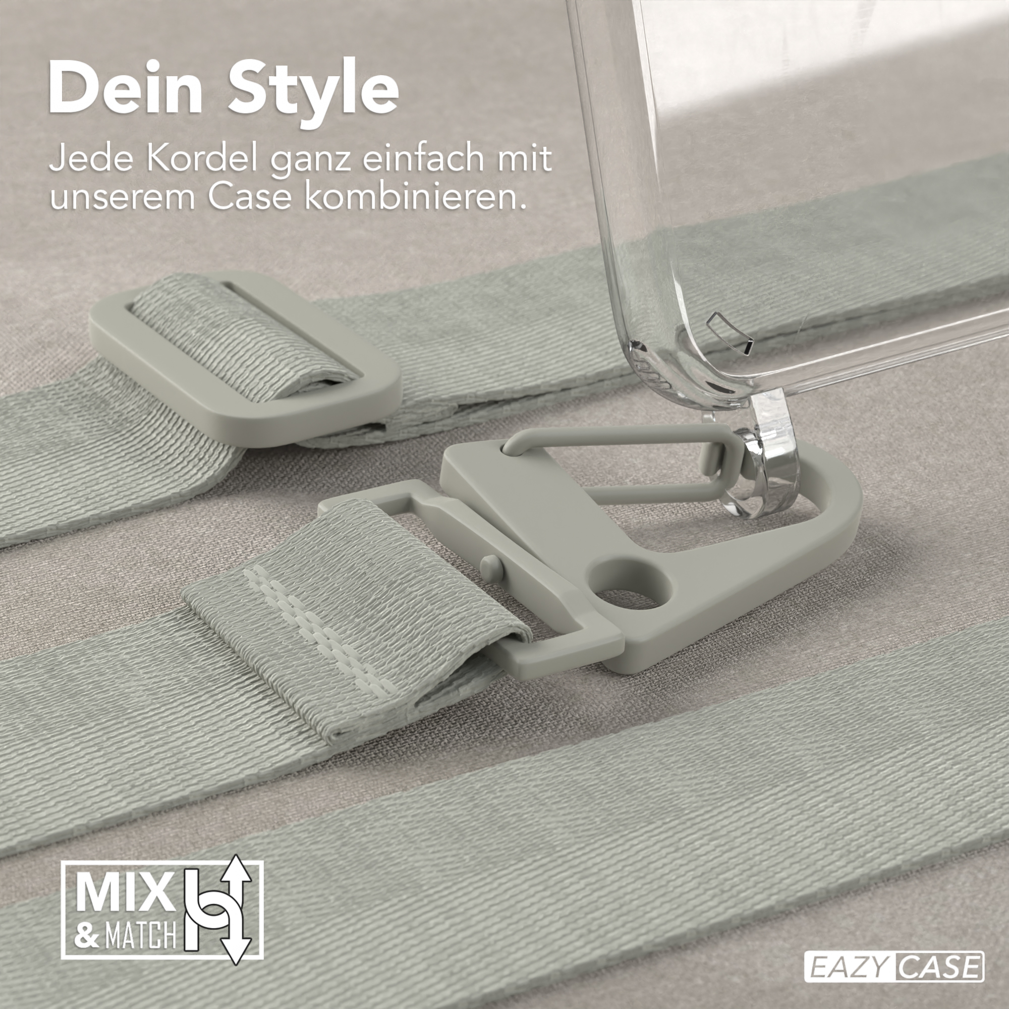 Graue Handykordel, Clips und eine transparente Handyhülle. Der Text im Hintergrund lautet: Dein Style.