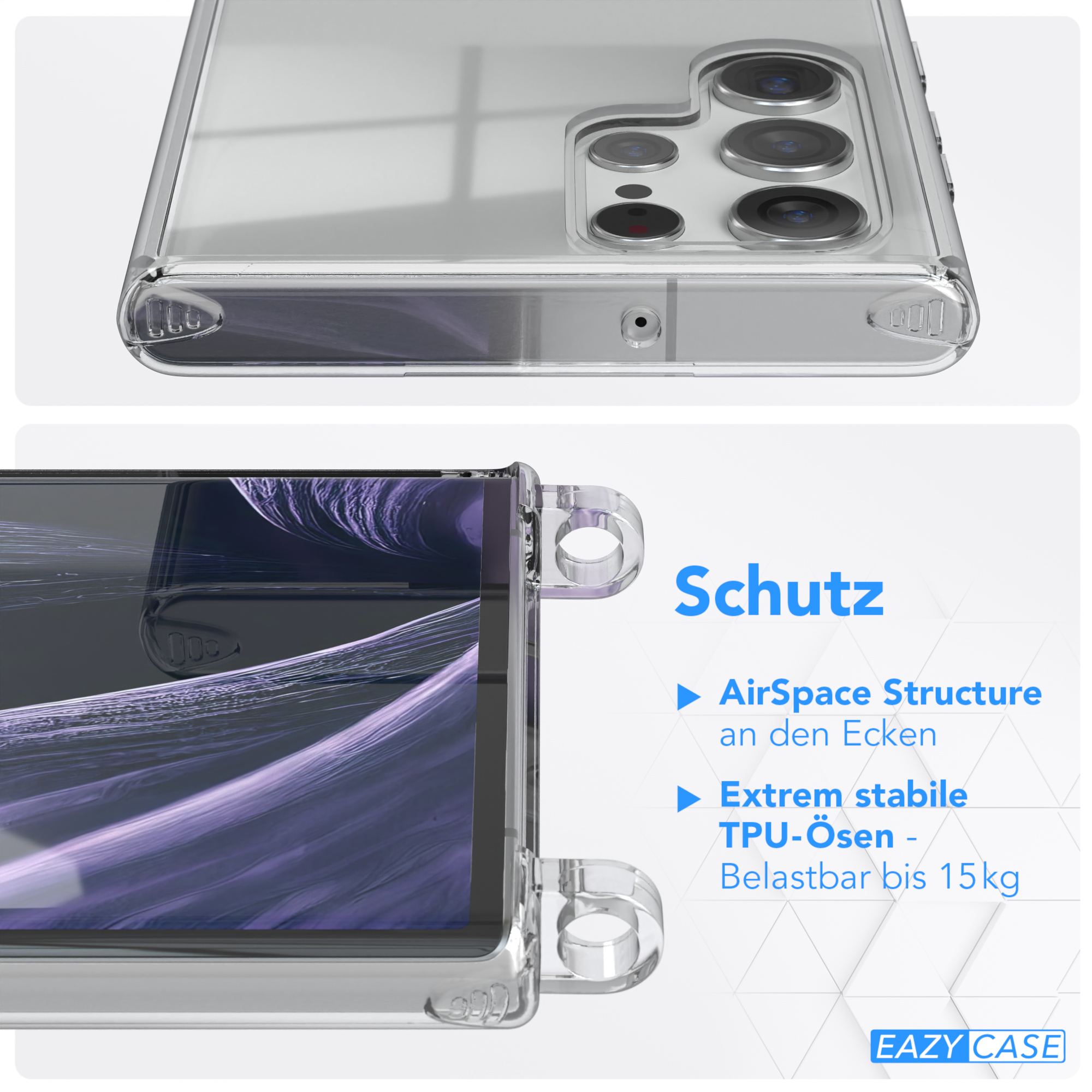 EAZY CASE Transparente Handyhülle mit S22 / Kordel breiter Karabiner, 5G, Ultra Umhängetasche, Samsung, Galaxy + Flieder Gold