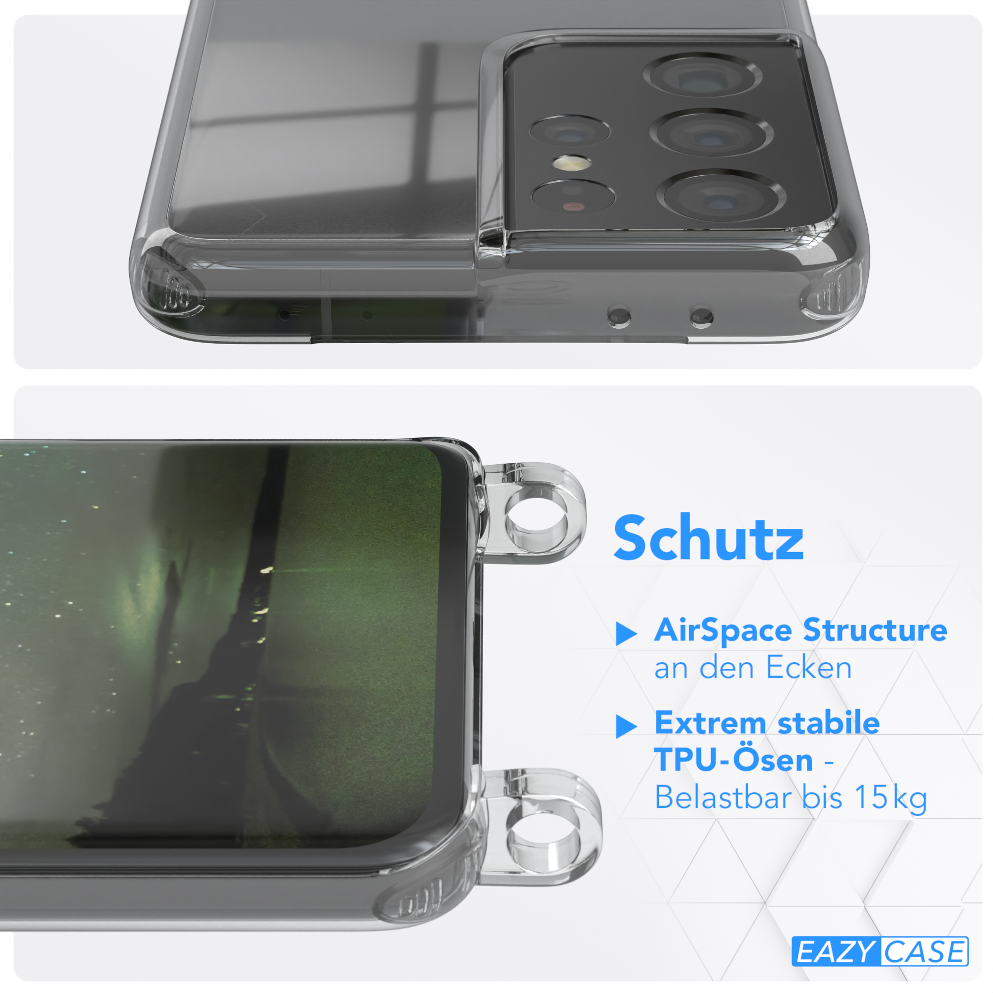 EAZY Galaxy S21 Grün Dunkel Samsung, Gold 5G, Ultra Kordel mit breiter CASE / Karabiner, Umhängetasche, + Transparente Handyhülle