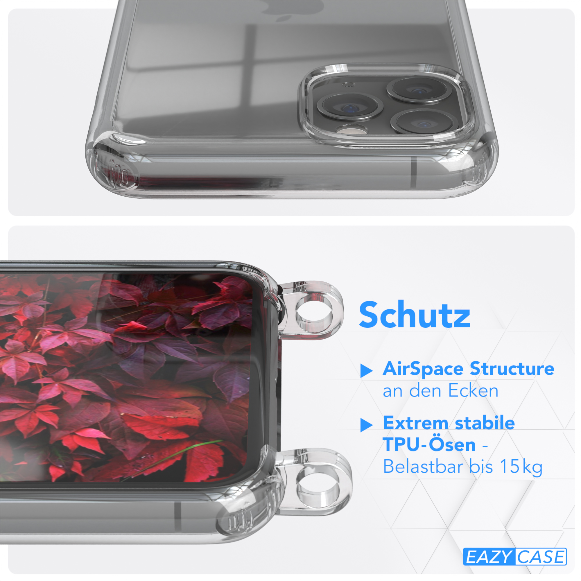 iPhone + 11 EAZY / Umhängetasche, Transparente Handyhülle Apple, Beere Karabiner, Kordel breiter Rot Burgundy CASE Pro, mit