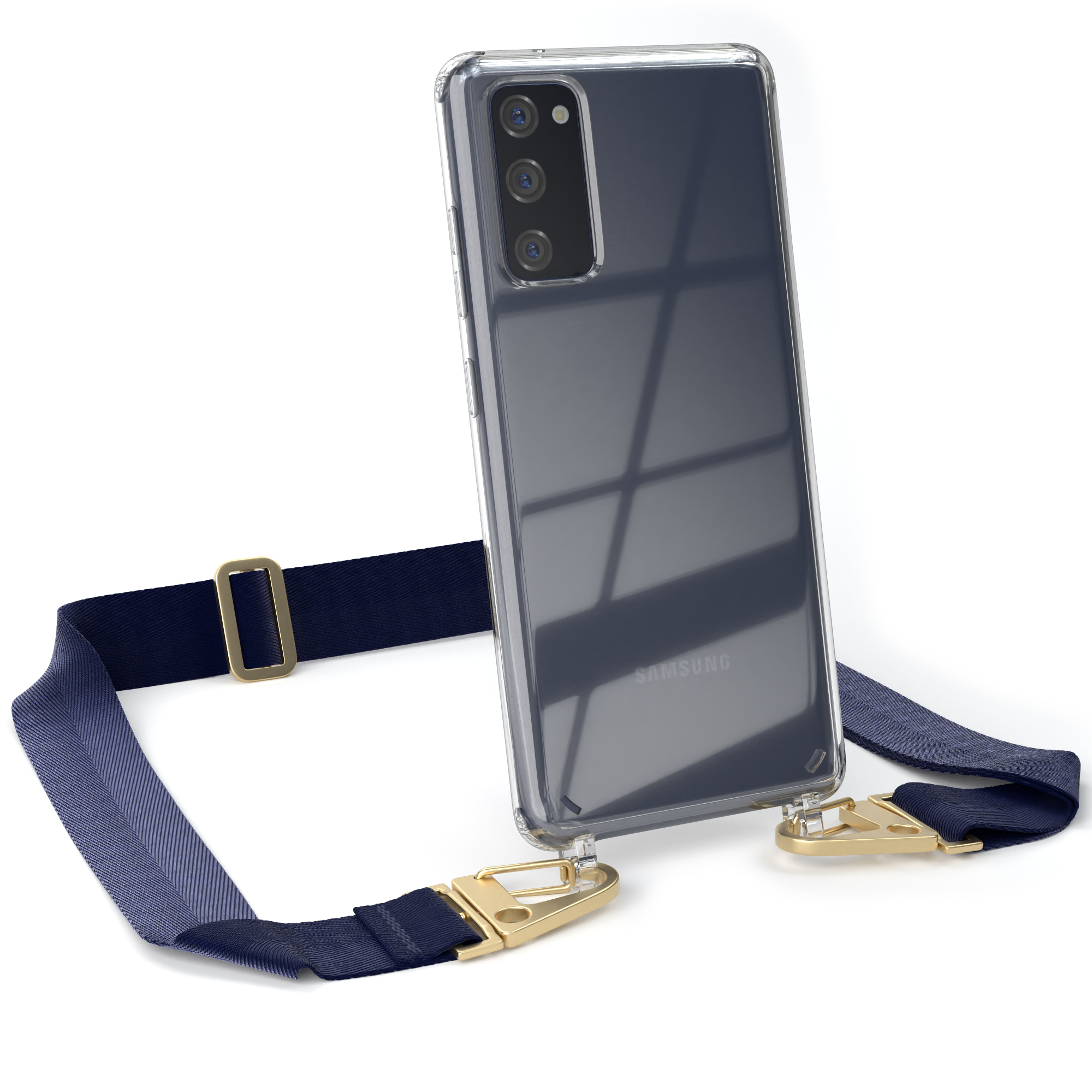 Transparente Handyhülle mit dunkelblauem Riemen und goldfarbenen Riemenbefestigungen, Samsung Logo sichtbar.