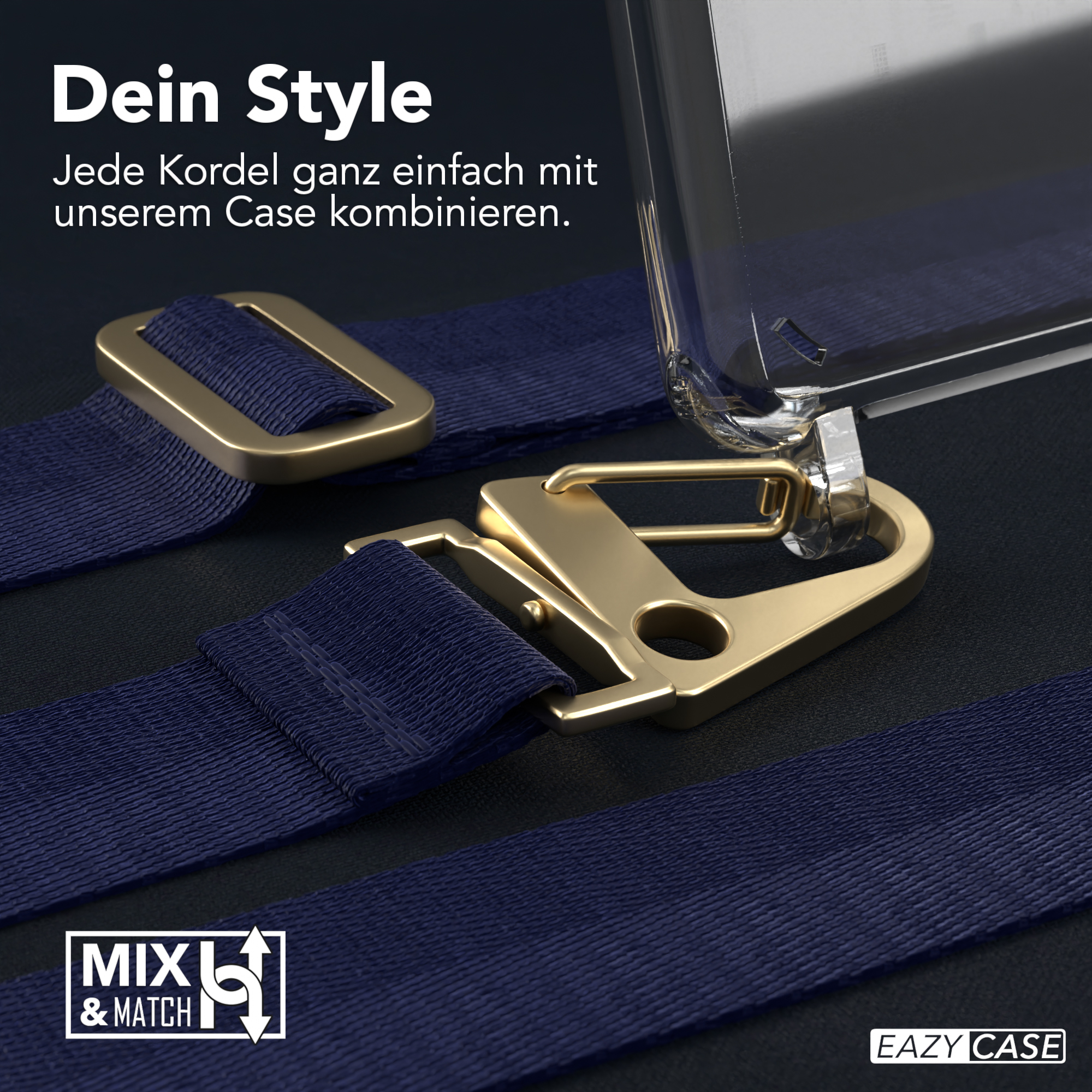 Nahaufnahme einer Handyhülle mit blauen Trägern und einem 'Mix & Match'-Symbol.