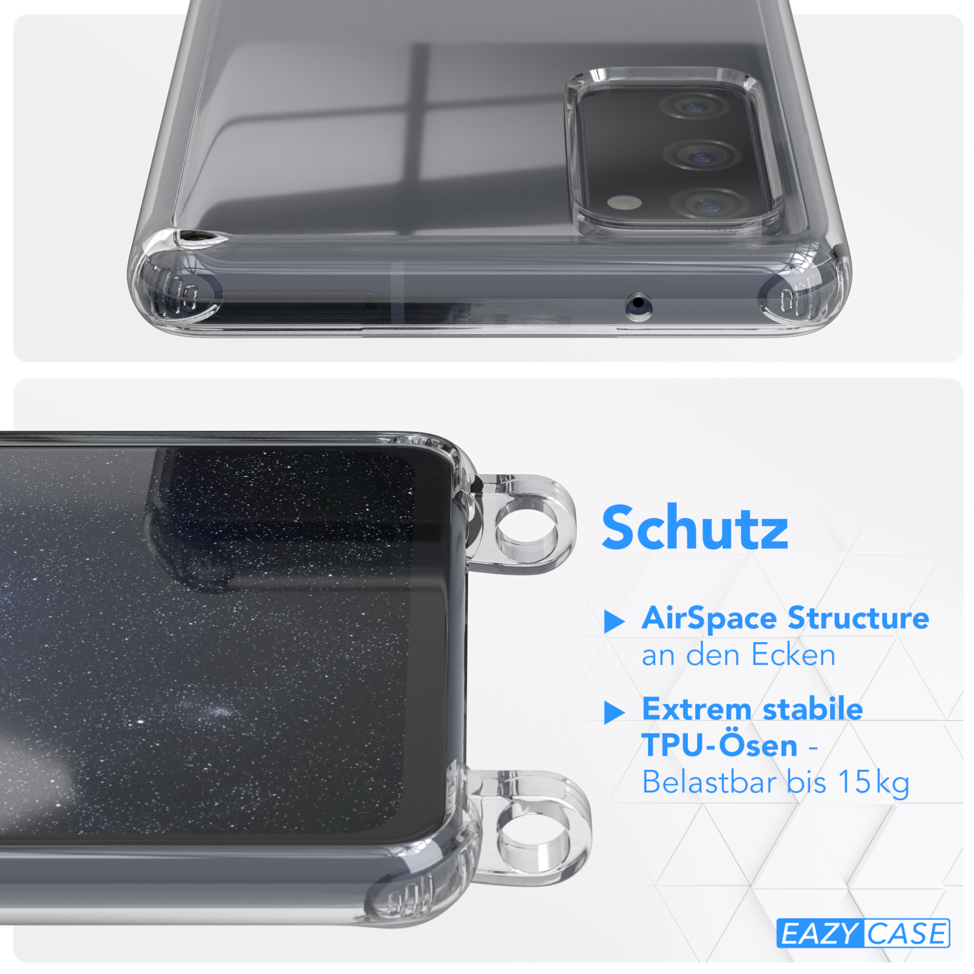 breiter Umhängetasche, Transparente Handyhülle S20, Galaxy / Samsung, EAZY Gold Dunkel mit Blau + Karabiner, CASE Kordel