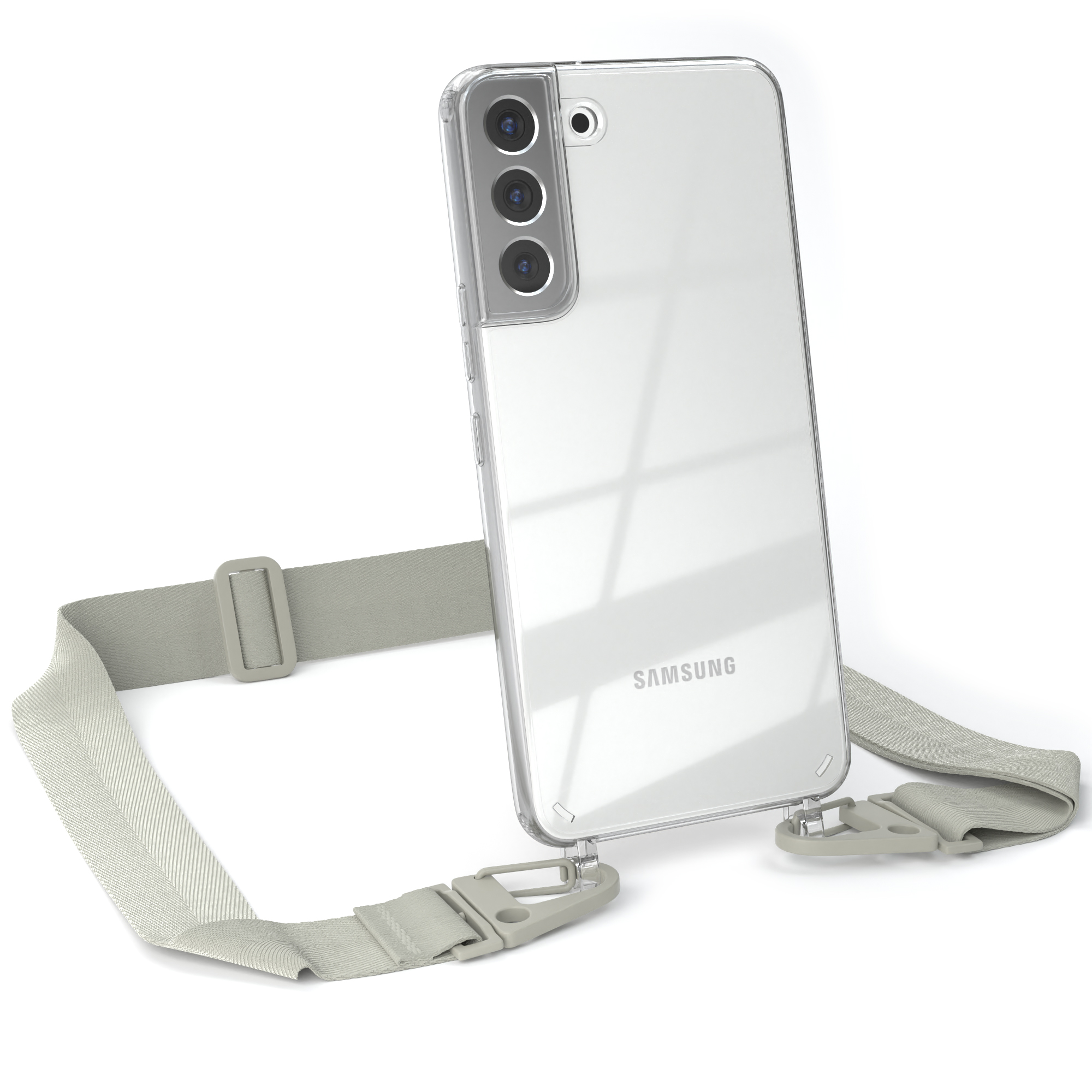Eine transparente Handyhülle mit einem grauen Umhängeband, an einem Samsung Telefon befestigt.
