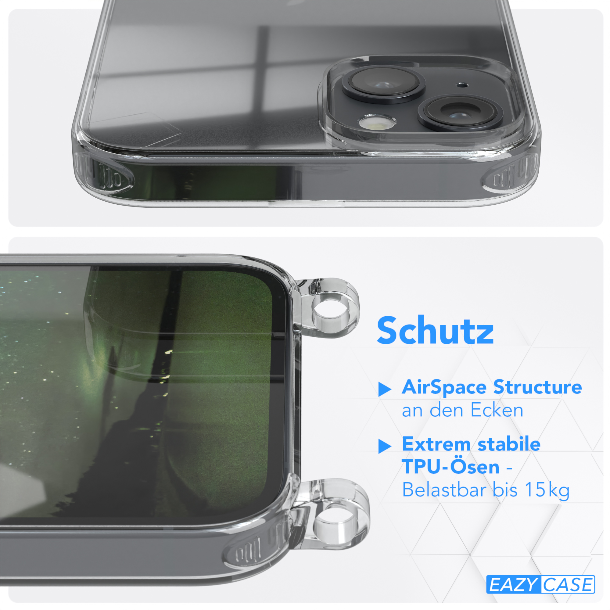 Nahaufnahme einer Handyhülle. Text: AirSpace Structure, Extrem stabile TPU-Ösen.