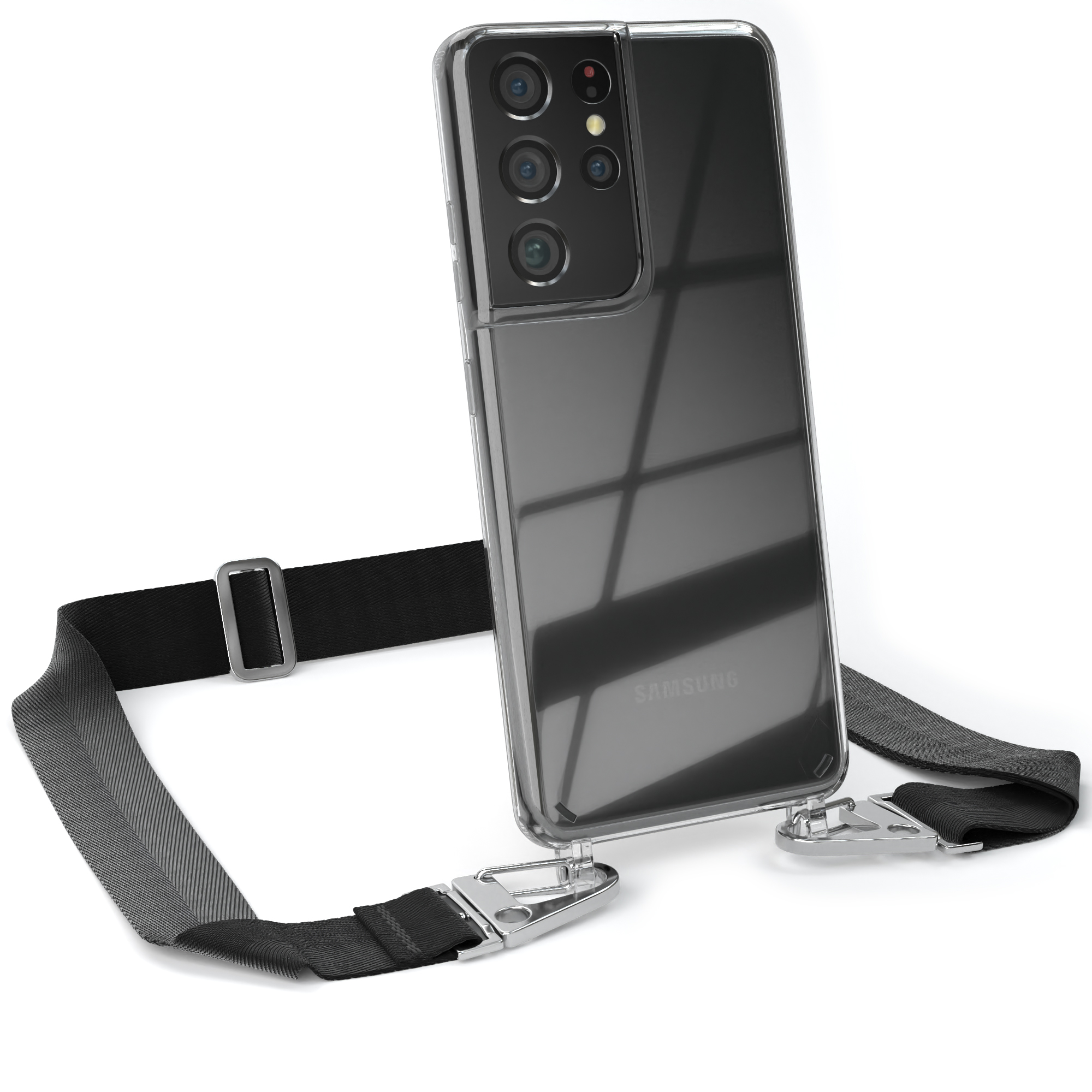 EAZY CASE Transparente Handyhülle mit Karabiner, breiter Schwarz Galaxy Samsung, Silber / Ultra + Kordel 5G, Umhängetasche, S21