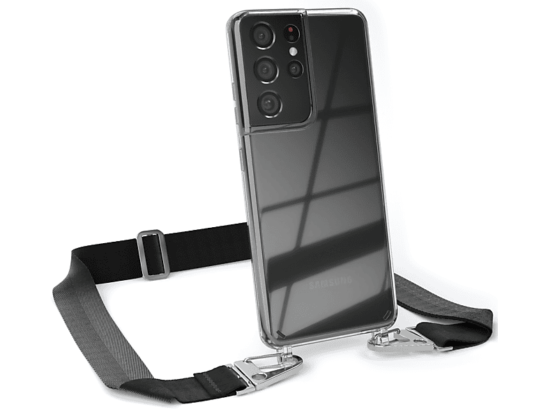 EAZY CASE Transparente Handyhülle mit breiter Kordel + Karabiner, Umhängetasche, Samsung, Galaxy S21 Ultra 5G, Schwarz / Silber