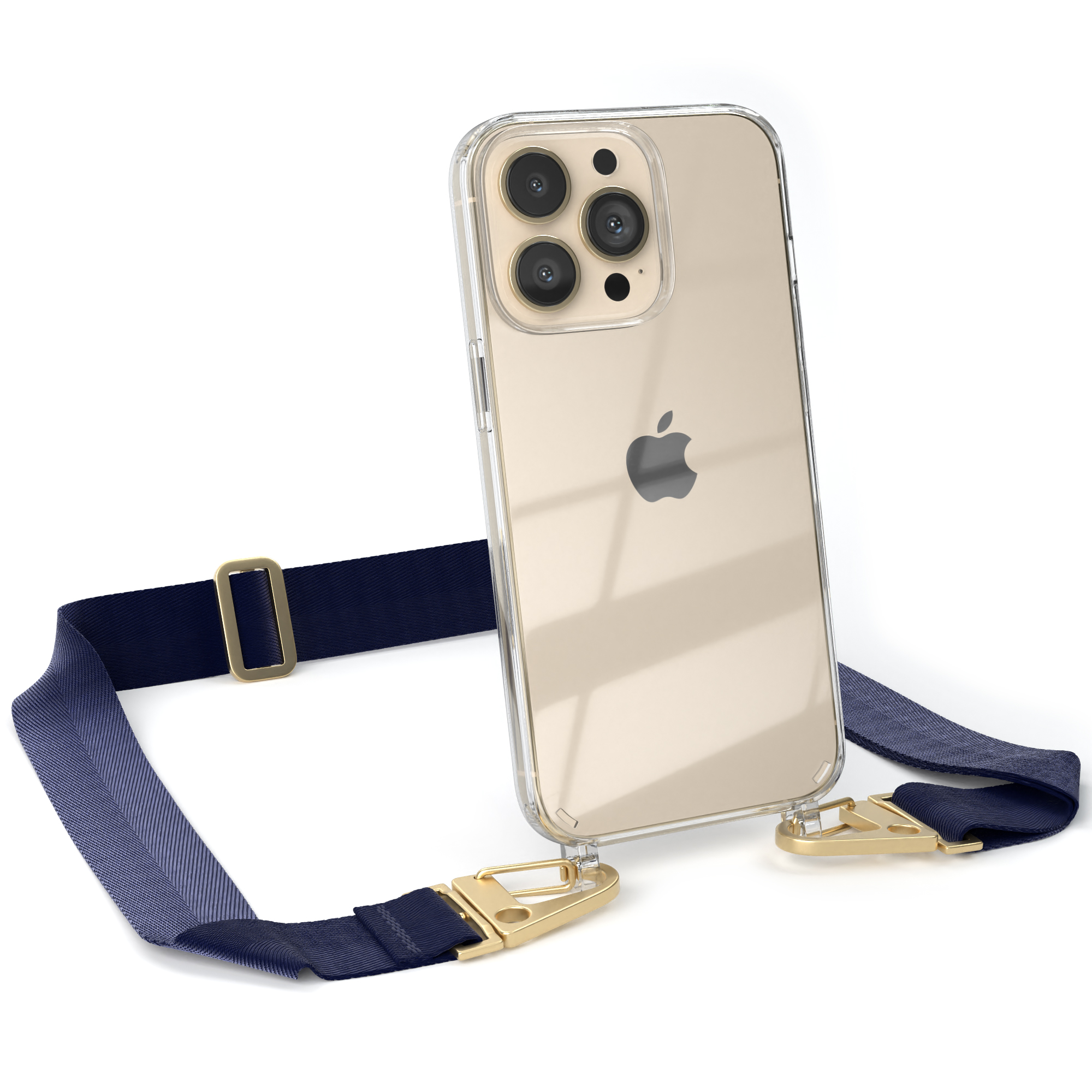 13 EAZY Pro, / Blau Dunkel mit iPhone Transparente Umhängetasche, CASE Handyhülle Apple, Karabiner, Kordel breiter + Gold