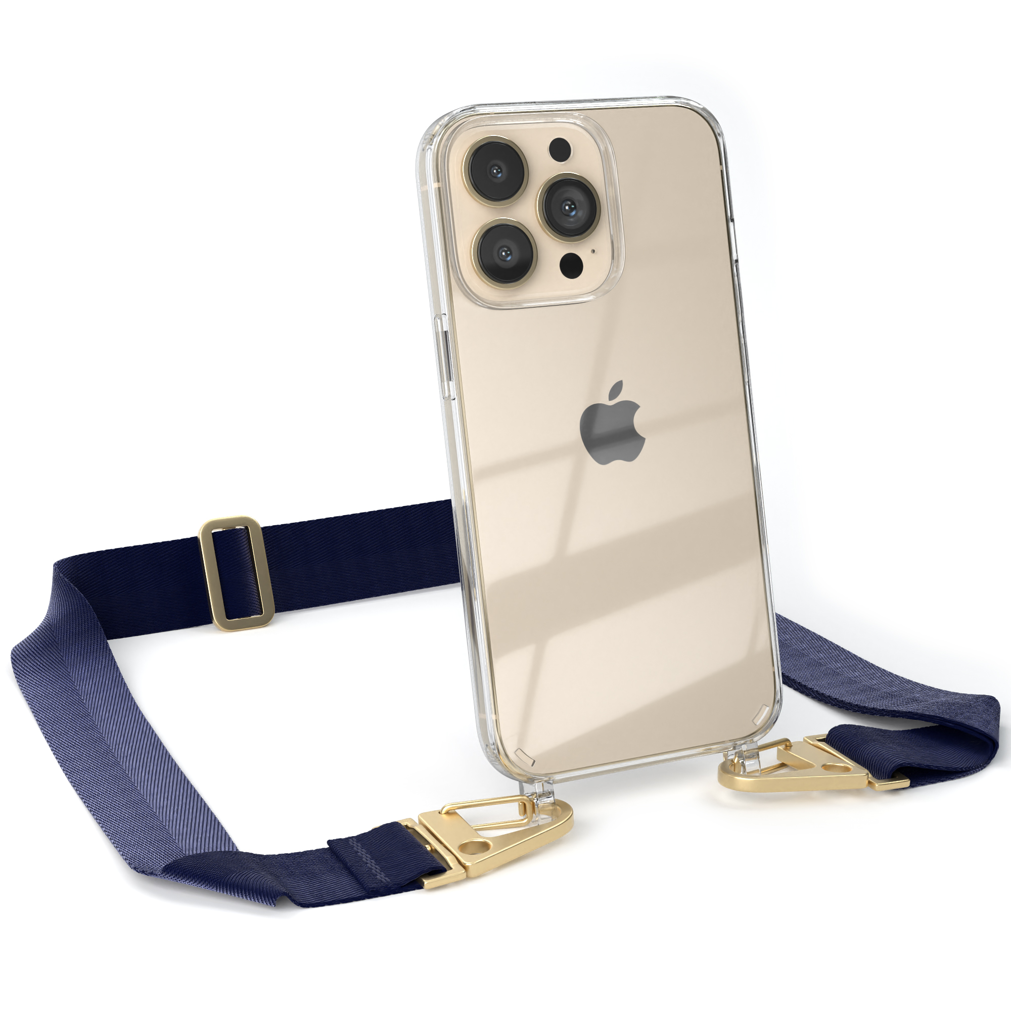 Transparente Handyhülle mit dunkelblauem Band und goldener Hardware auf einem iPhone, weißer Hintergrund.