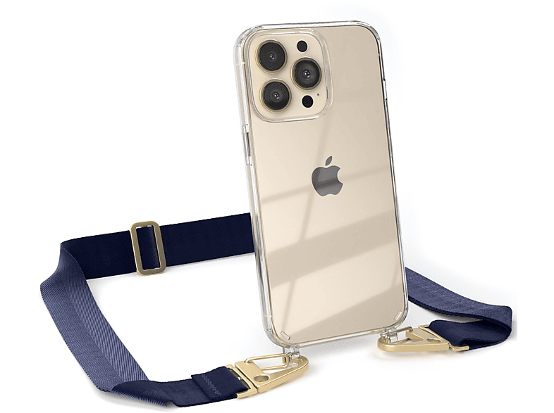 EAZY CASE Transparente Handyhülle mit breiter Kordel + Karabiner, Umhängetasche, Apple, iPhone 13 Pro, Dunkel Blau / Gold