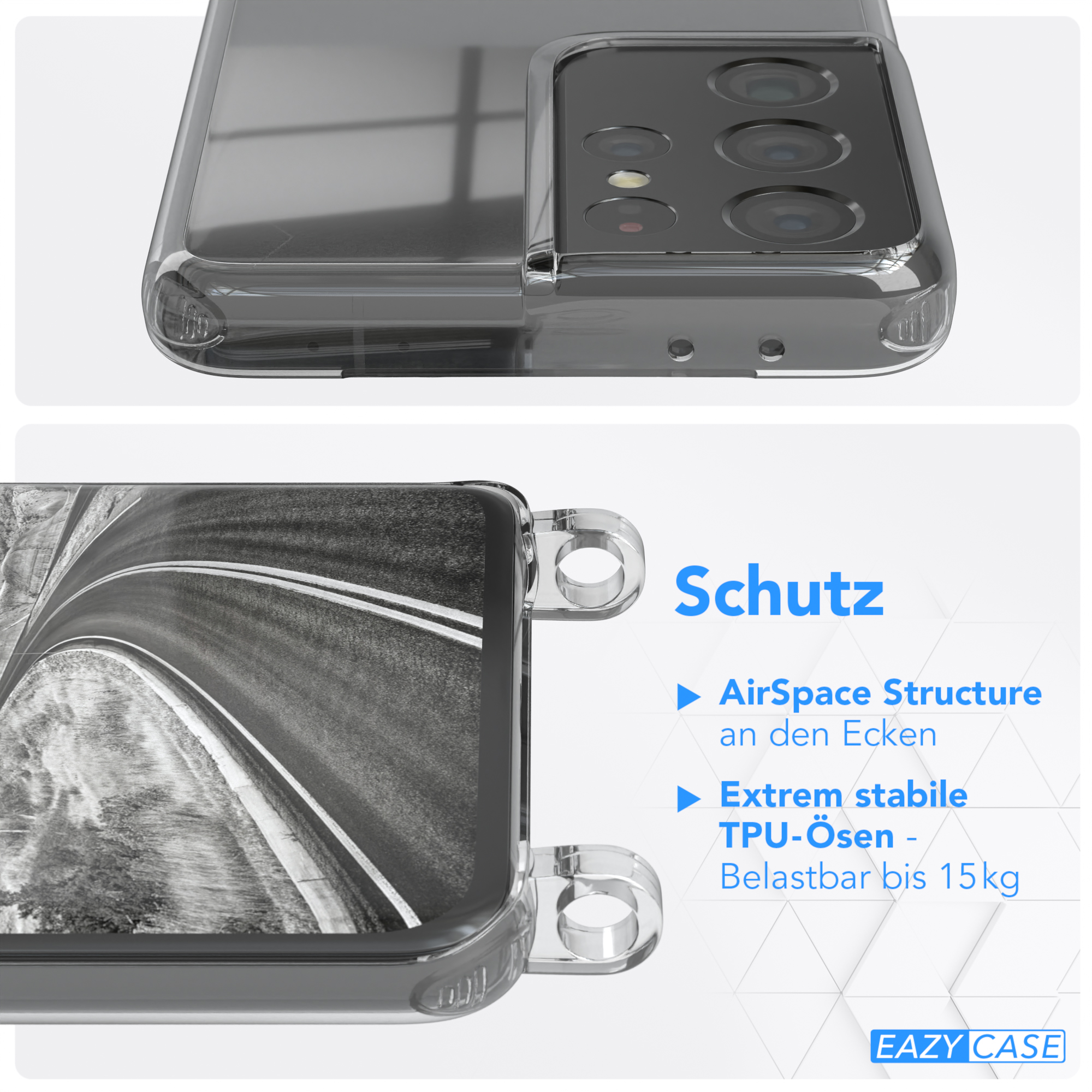 EAZY CASE Transparente Handyhülle mit + breiter Schwarz / Umhängetasche, 5G, S21 Ultra Galaxy Samsung, Kordel Silber Karabiner