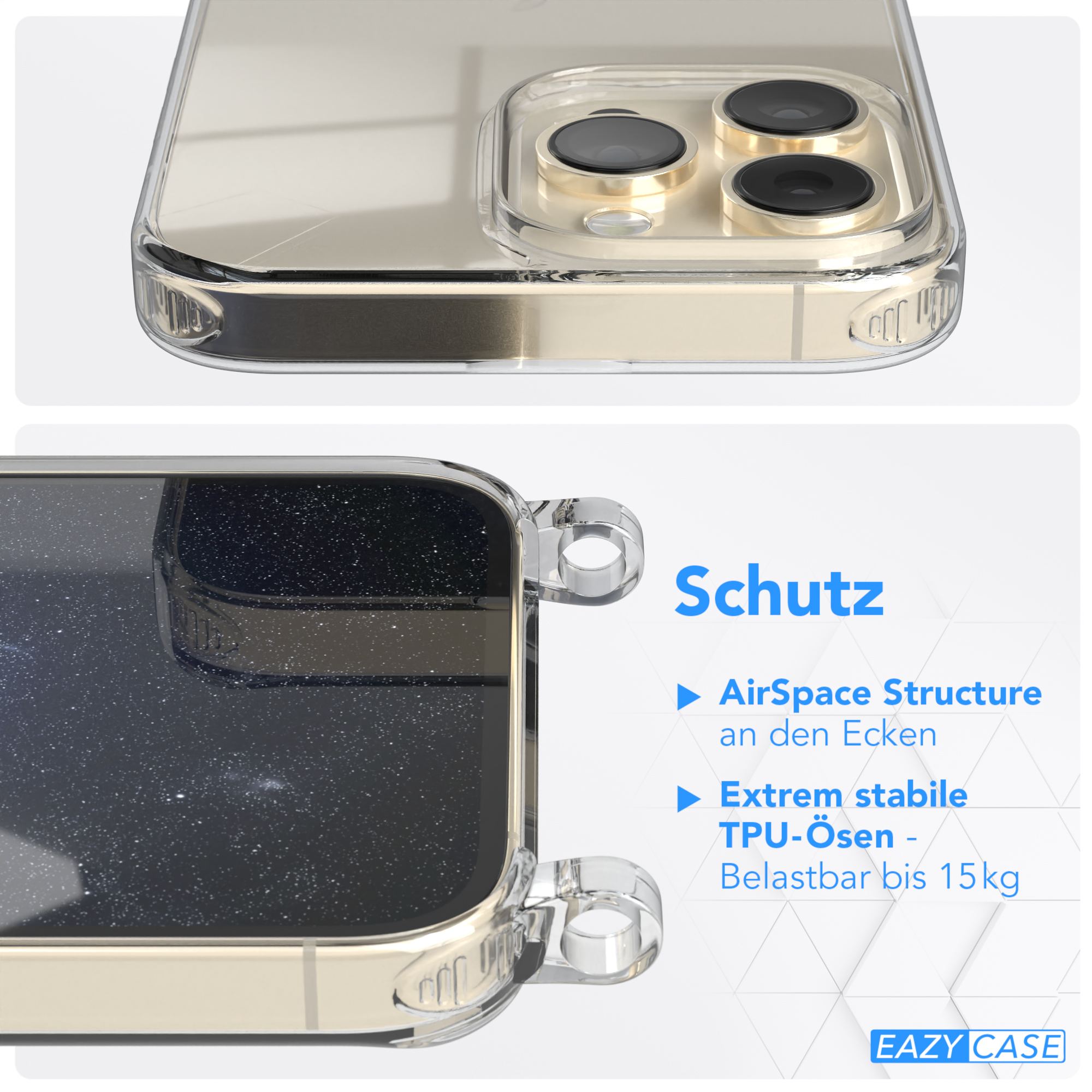 Handyhülle Detail, mit Schutzinfo: AirSpace-Struktur, stabiles TPU, und belastbar 15kg, Eazy Case Logo.