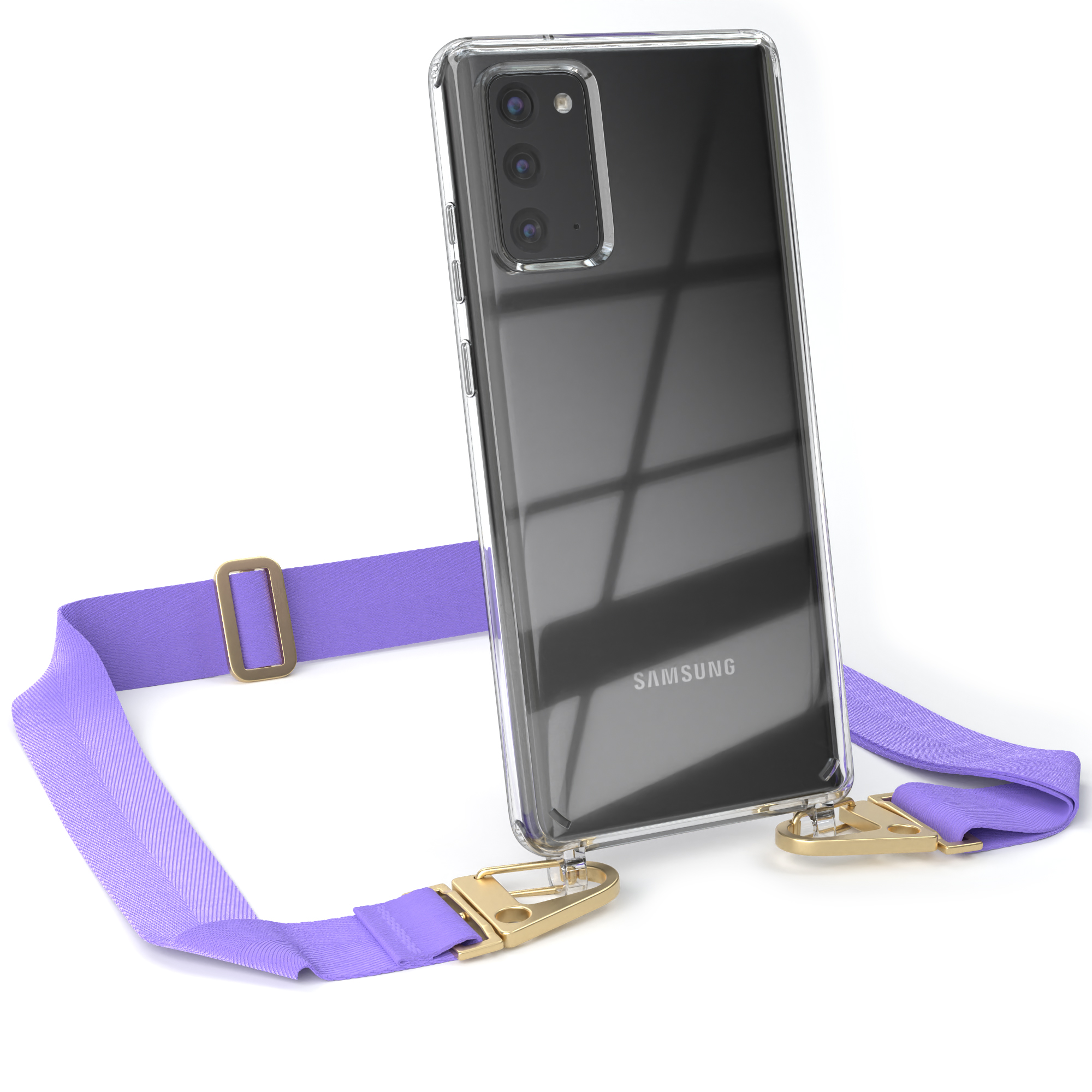 Telefon in durchsichtiger Hülle mit lila Riemen. Weißer Hintergrund.
