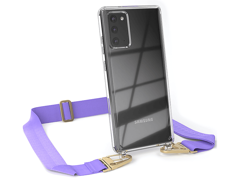 EAZY CASE Transparente Handyhülle mit breiter Kordel + Karabiner, Umhängetasche, Samsung, Galaxy Note 20 / Note 20 5G, Flieder / Gold