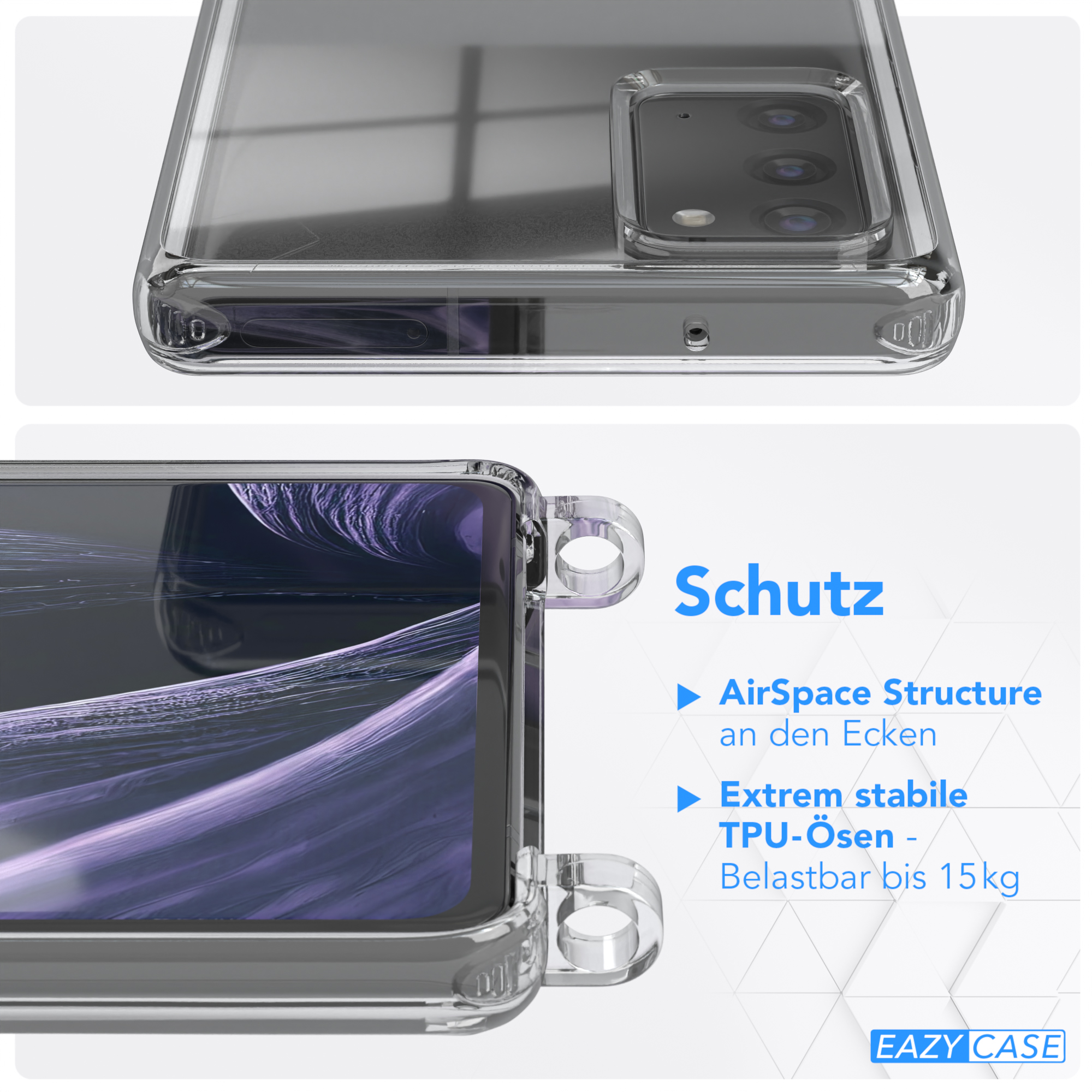Transparente Handyhülle mit Telefon darin. Text lautet Schutz, Airspace Structure und Eazy Case.