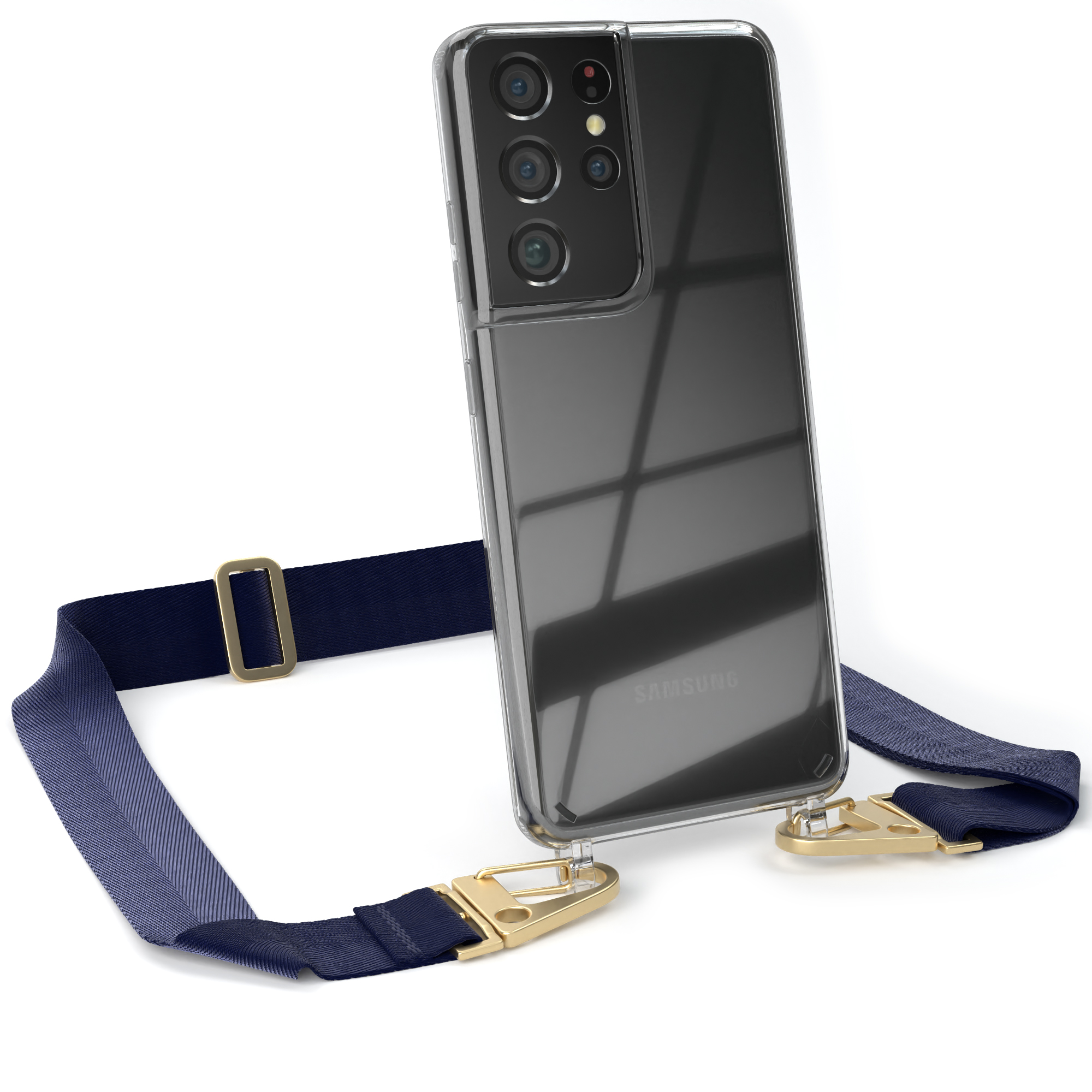 Karabiner, Galaxy Umhängetasche, + Blau Kordel Samsung, 5G, breiter Ultra Transparente Gold EAZY CASE / Dunkel S21 Handyhülle mit