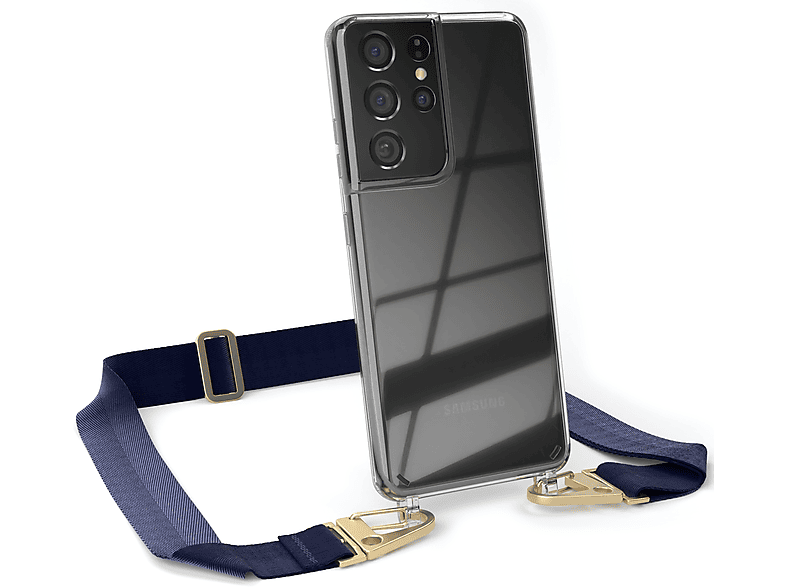 EAZY CASE Transparente Handyhülle mit breiter Kordel + Karabiner, Umhängetasche, Samsung, Galaxy S21 Ultra 5G, Dunkel Blau / Gold