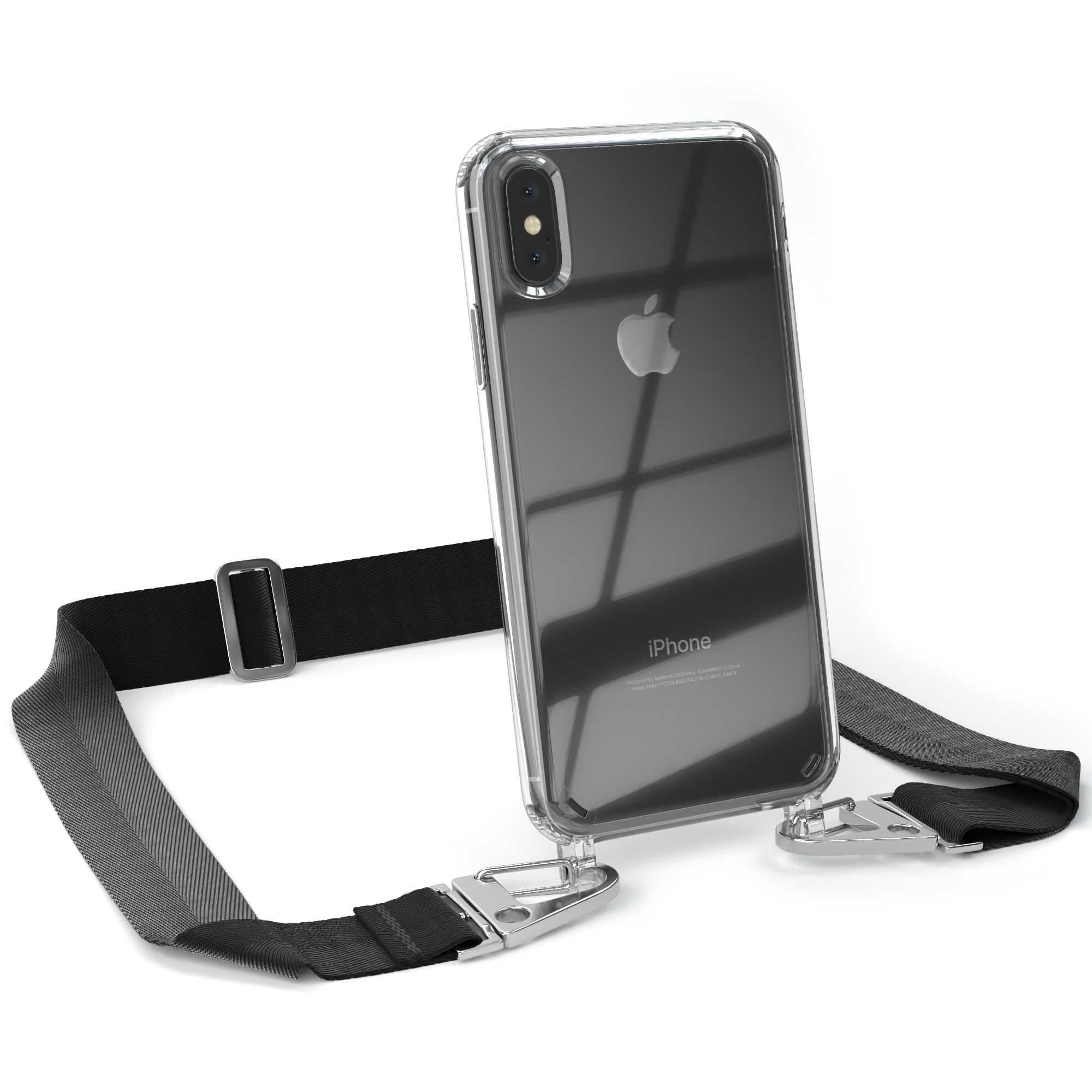 Transparente iPhone-Hülle mit schwarzem Riemen. Der Riemen hat einen Metallverschluss.