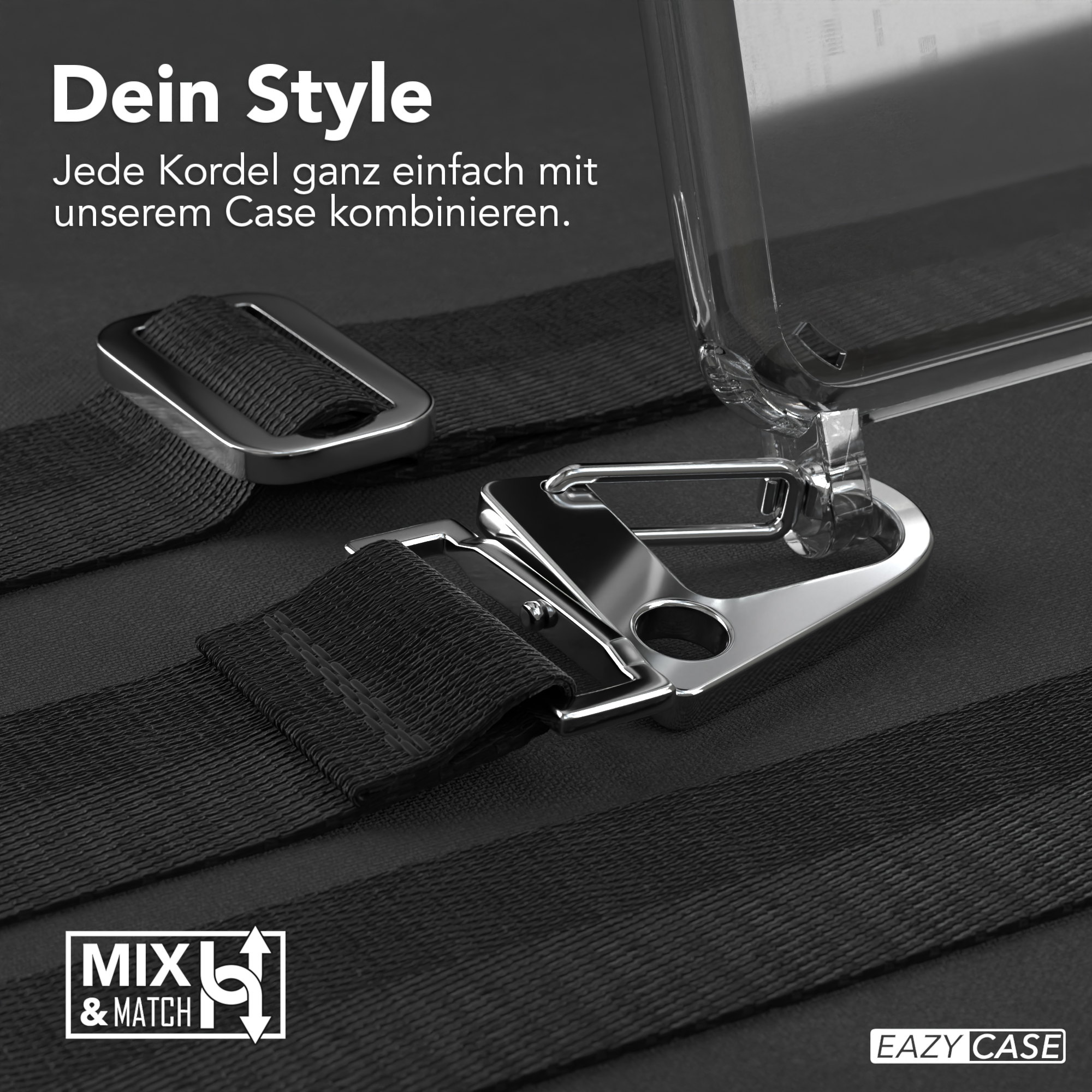 Nahaufnahme eines schwarzen Riemens mit Schnalle und Verschluss. Oben ein klares Handycase.