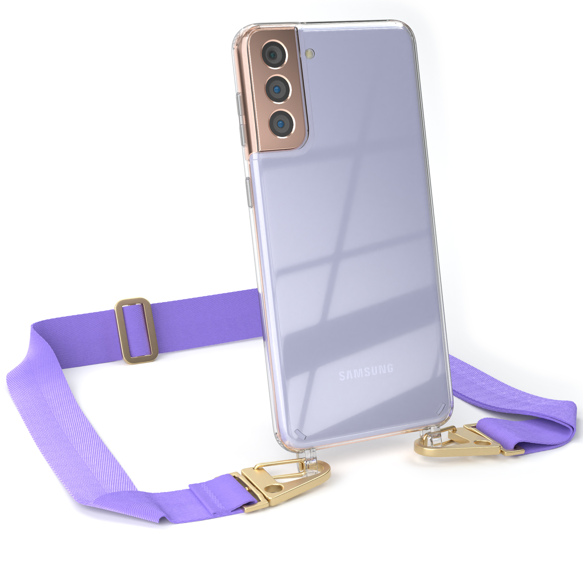 EAZY CASE Transparente Handyhülle mit Samsung, Flieder 5G, S21 Gold breiter / Karabiner, Galaxy Plus Kordel + Umhängetasche