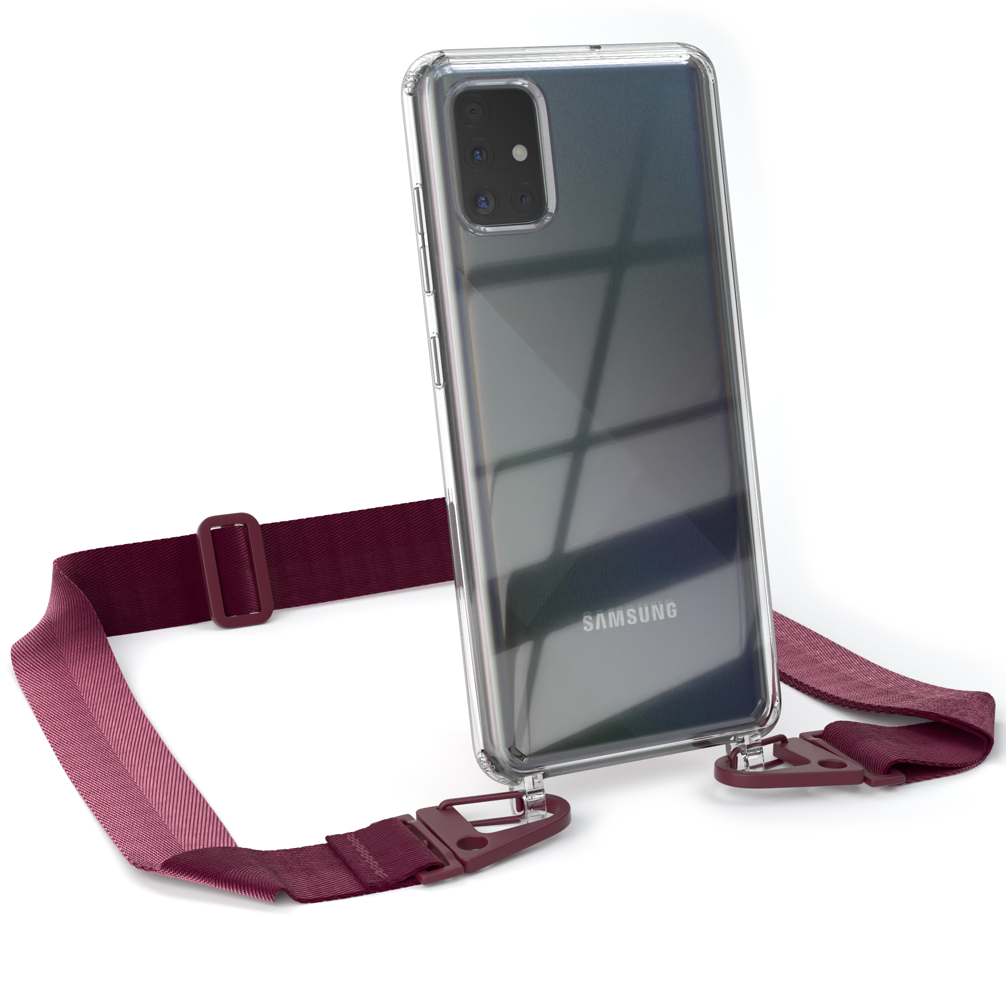 Eine transparente Handyhülle mit einem weinroten Umhängeband, an einem Samsung Telefon befestigt.