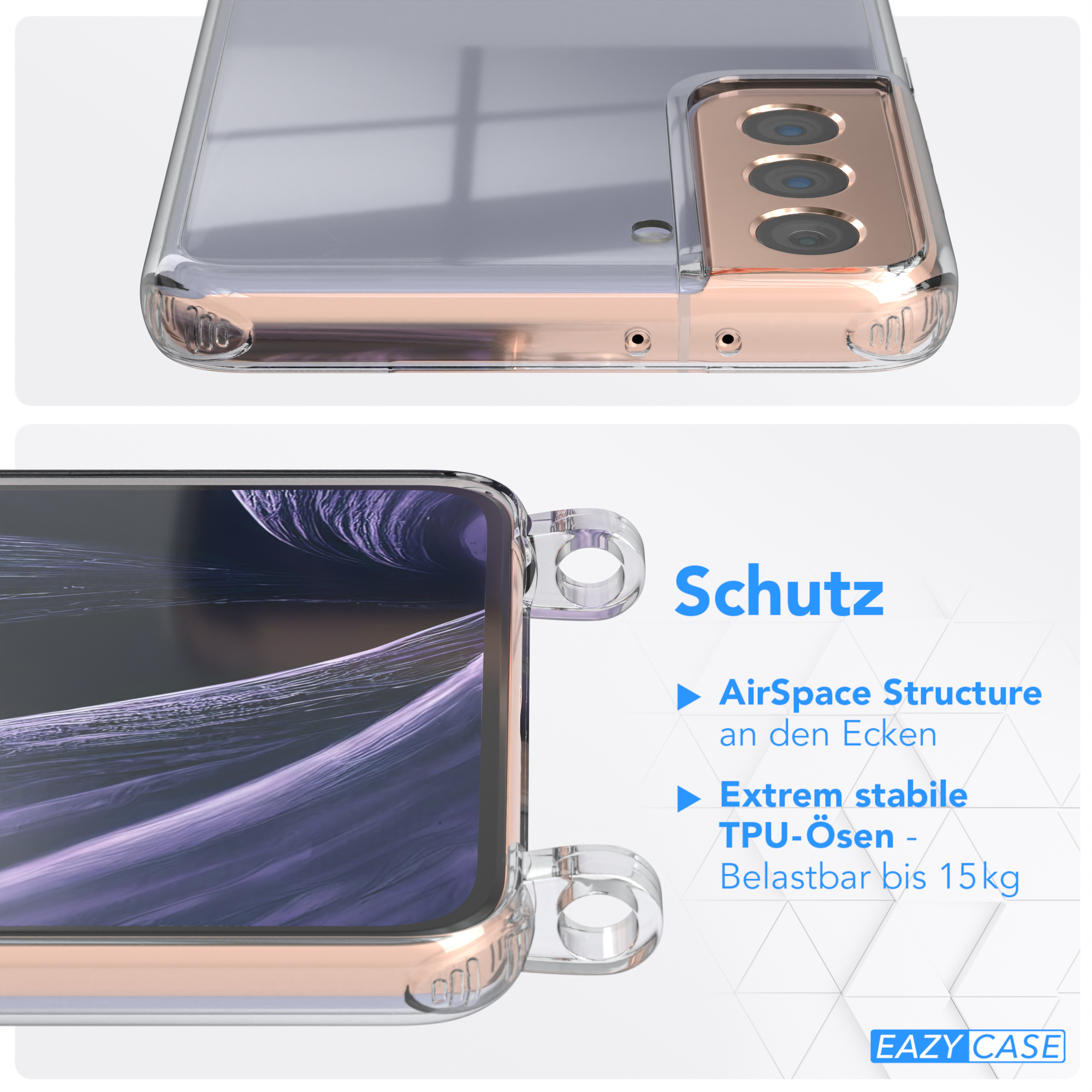 EAZY CASE Transparente + Umhängetasche, 5G, Karabiner, Handyhülle Samsung, Gold Flieder / breiter Galaxy Kordel mit Plus S21