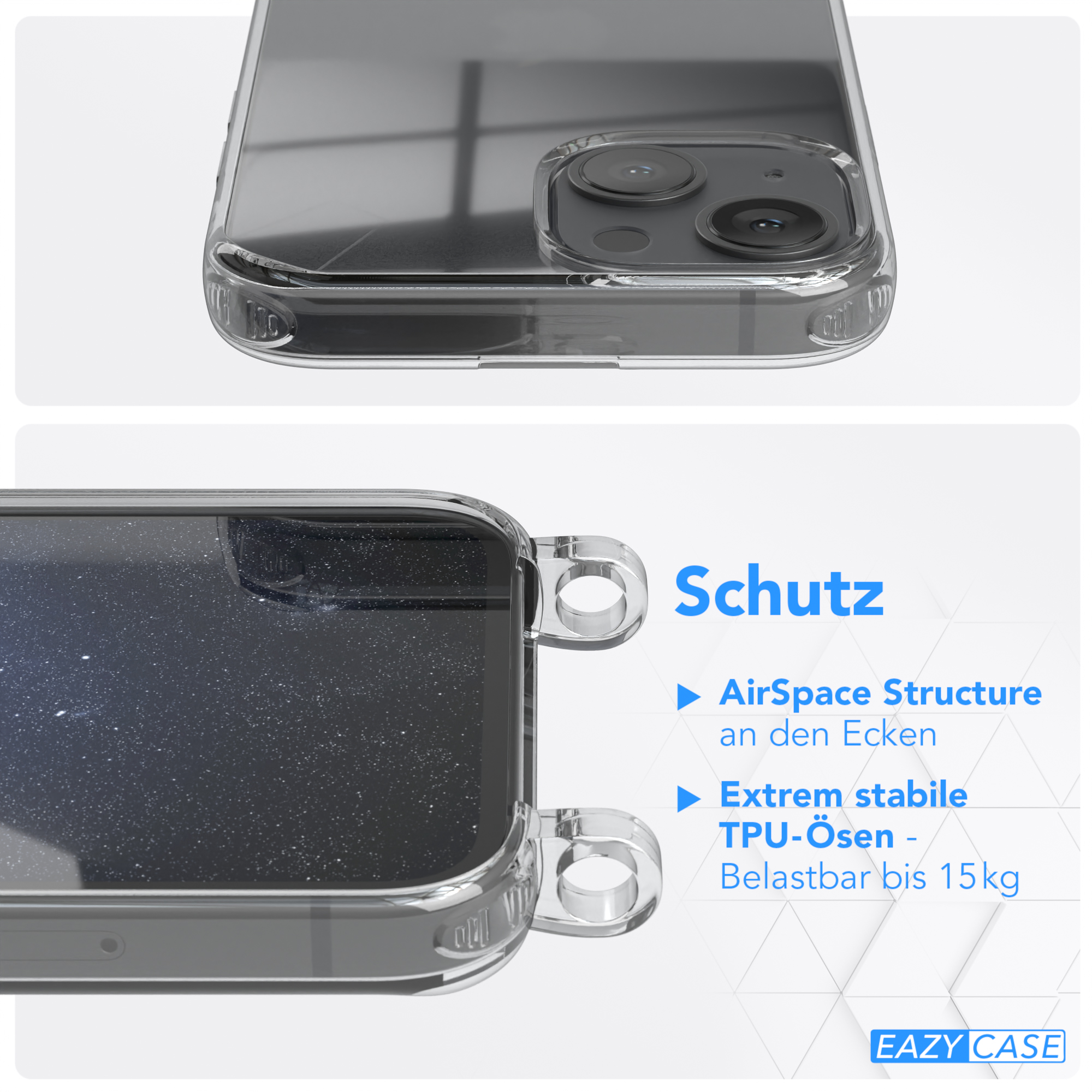 CASE Apple, 13 Dunkel Umhängetasche, Blau iPhone Mini, / Gold + Kordel mit Handyhülle EAZY Karabiner, Transparente breiter