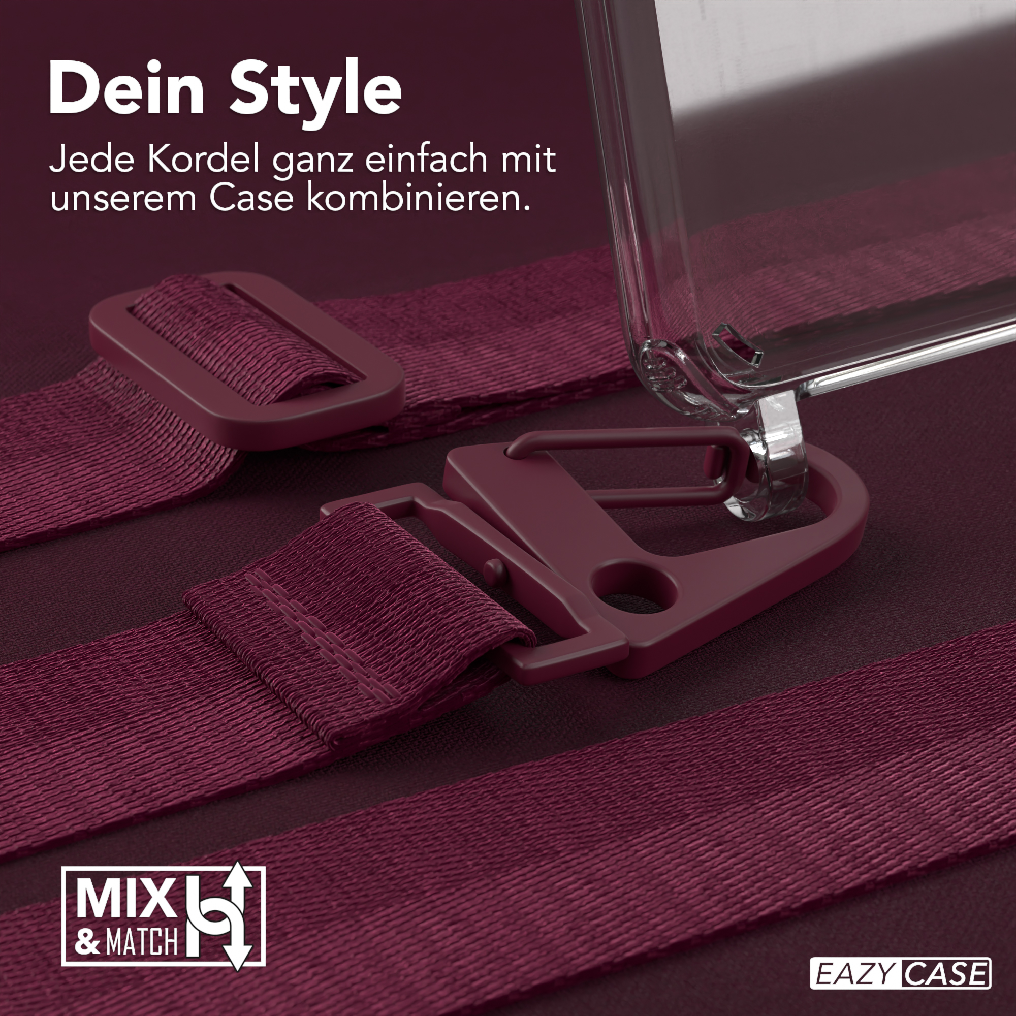 Nahaufnahme einer Handyhülle mit weinroten Trägern und Metallverschlüssen, die Stil mit Hüllen fördert.