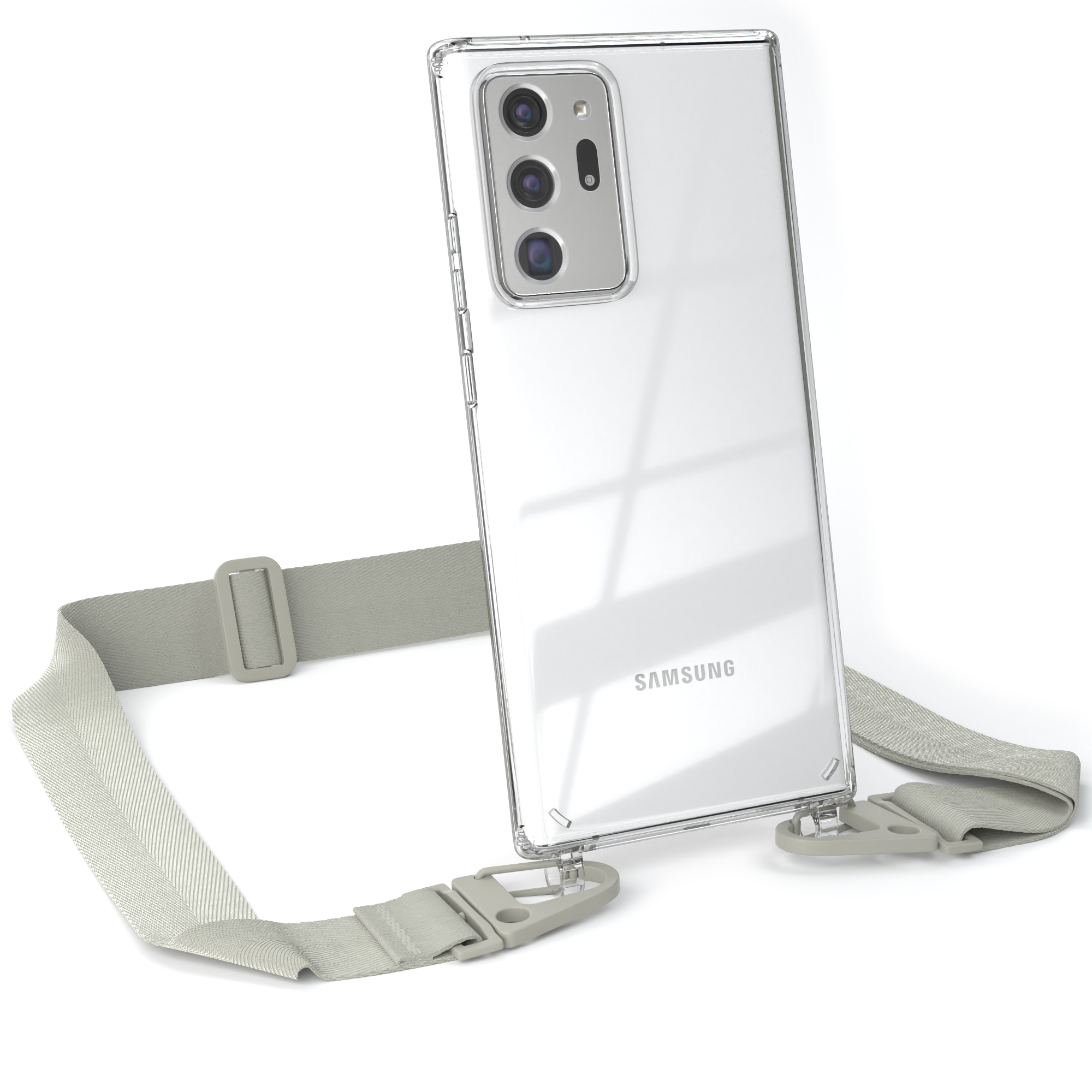 Ein Telefon in einer transparenten Hülle mit grauem Riemen und grauem Clip wird gezeigt.