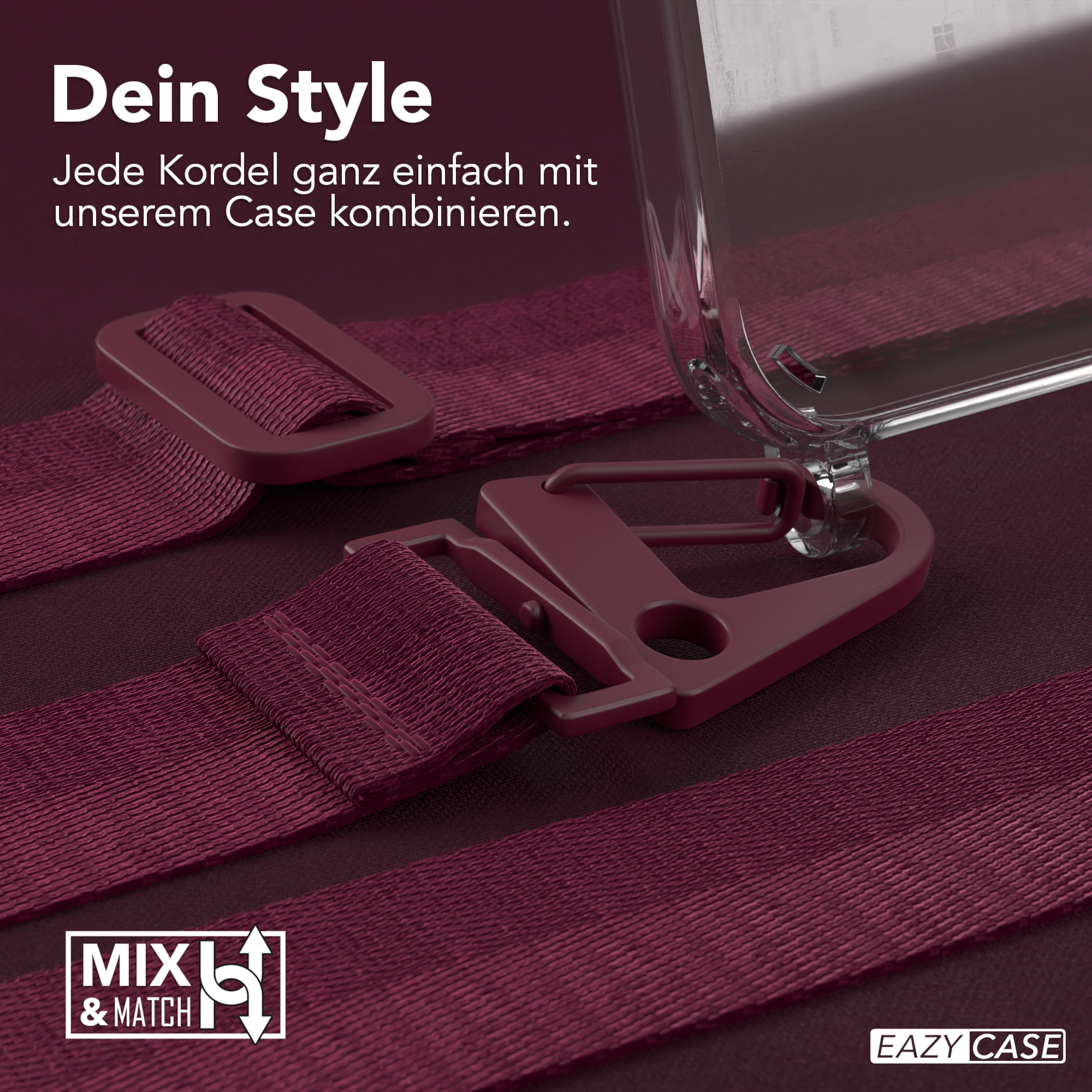 Roter Telefonriemen und bordeauxrote Verschlüsse, Hülle und Details. Dunkelroter Hintergrund.