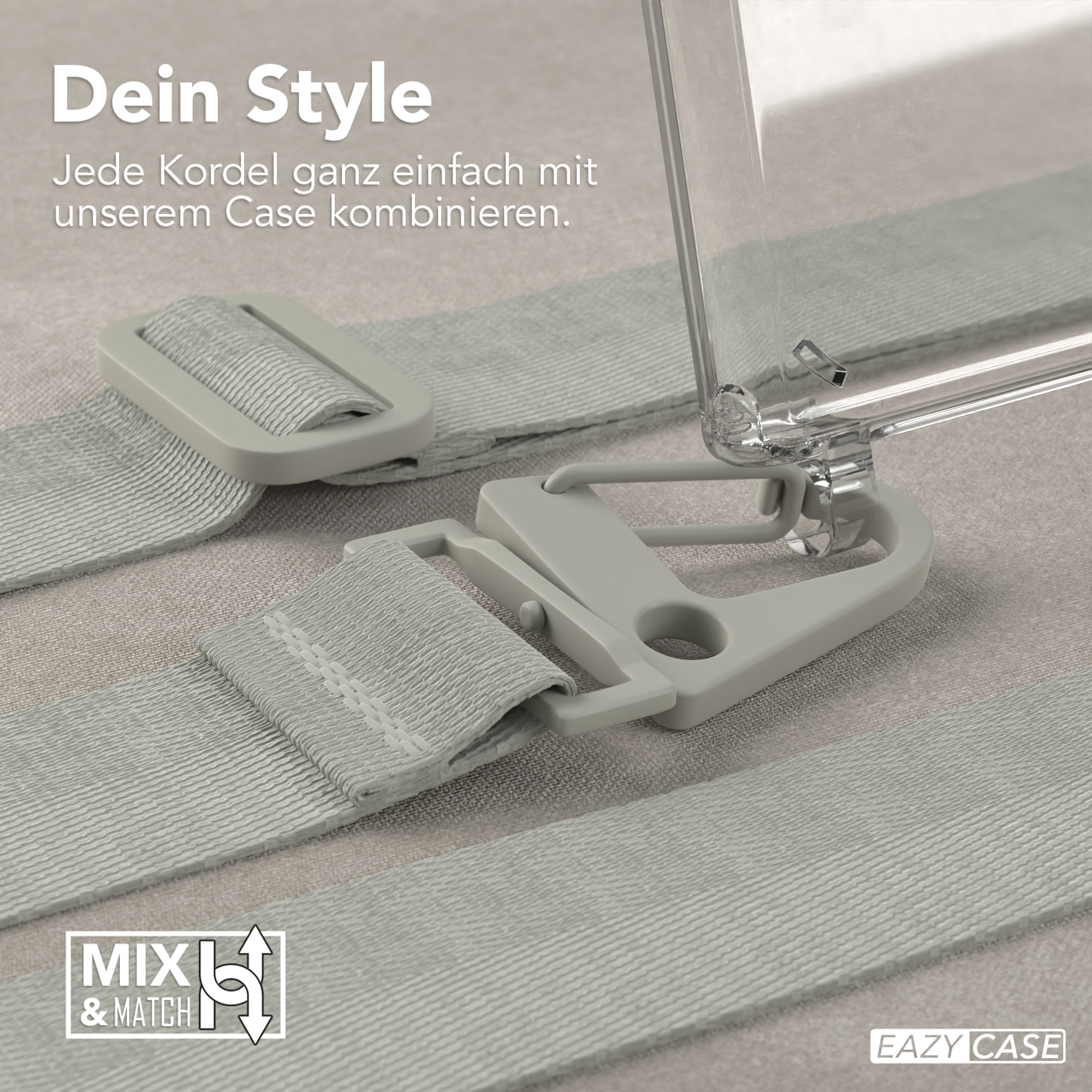 Nahaufnahme einer Handyhülle und eines Riemens mit silberner Schnalle. Text: 'Mix & Match'.