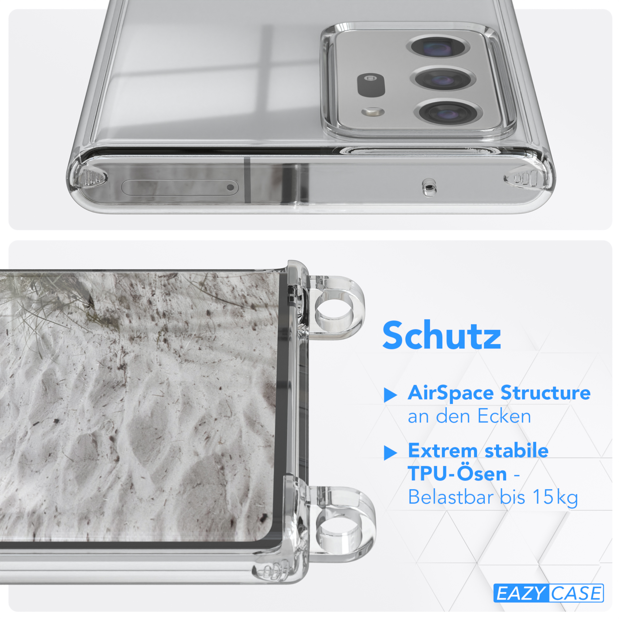 Transparente Handyhülle mit Telefon darin. Gehäuse Text ist sichtbar. Das Telefon hat einen weißen Bildschirm.