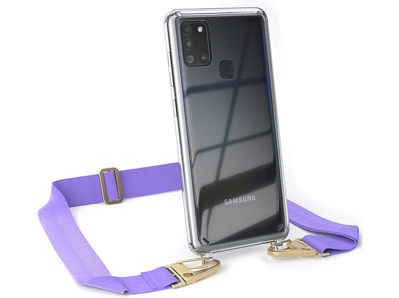 EAZY CASE Transparente Handyhülle mit Gold / Flieder breiter + Galaxy Samsung, Kordel A21s, Karabiner, Umhängetasche