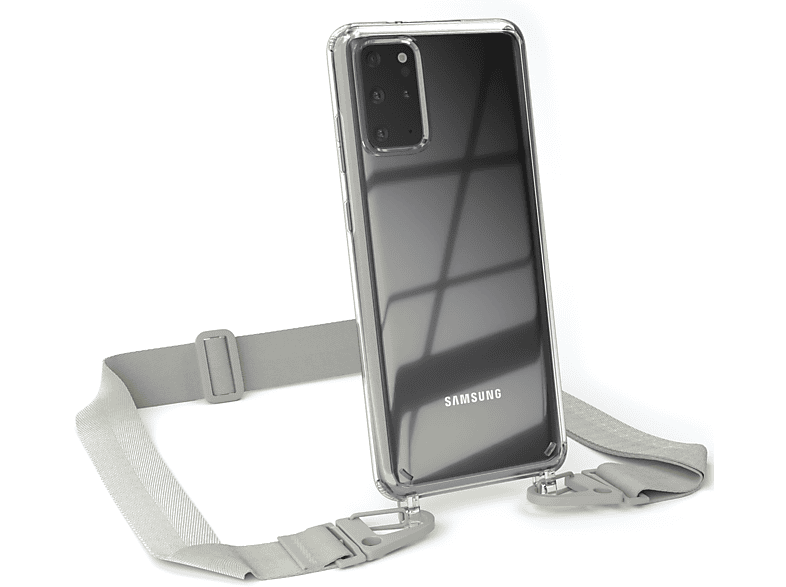 EAZY CASE Transparente Handyhülle mit breiter Kordel + Karabiner, Umhängetasche, Samsung, Galaxy S20 Plus / S20 Plus 5G, Beige Grau / Taupe
